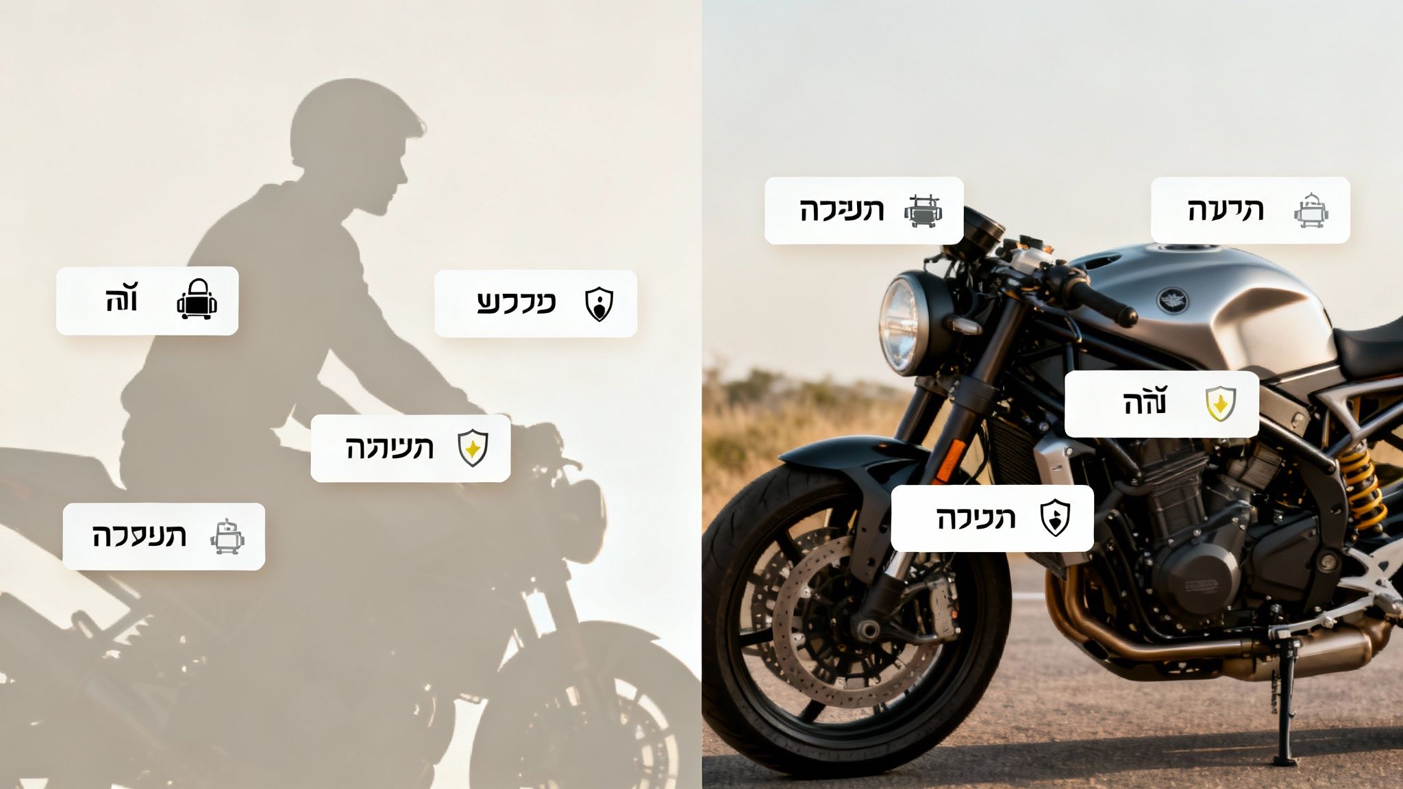 תמונות של אופנועים המציגות אפשרויות ביטוח שונות עם אייקונים ותכונות חזותיות ברורות.