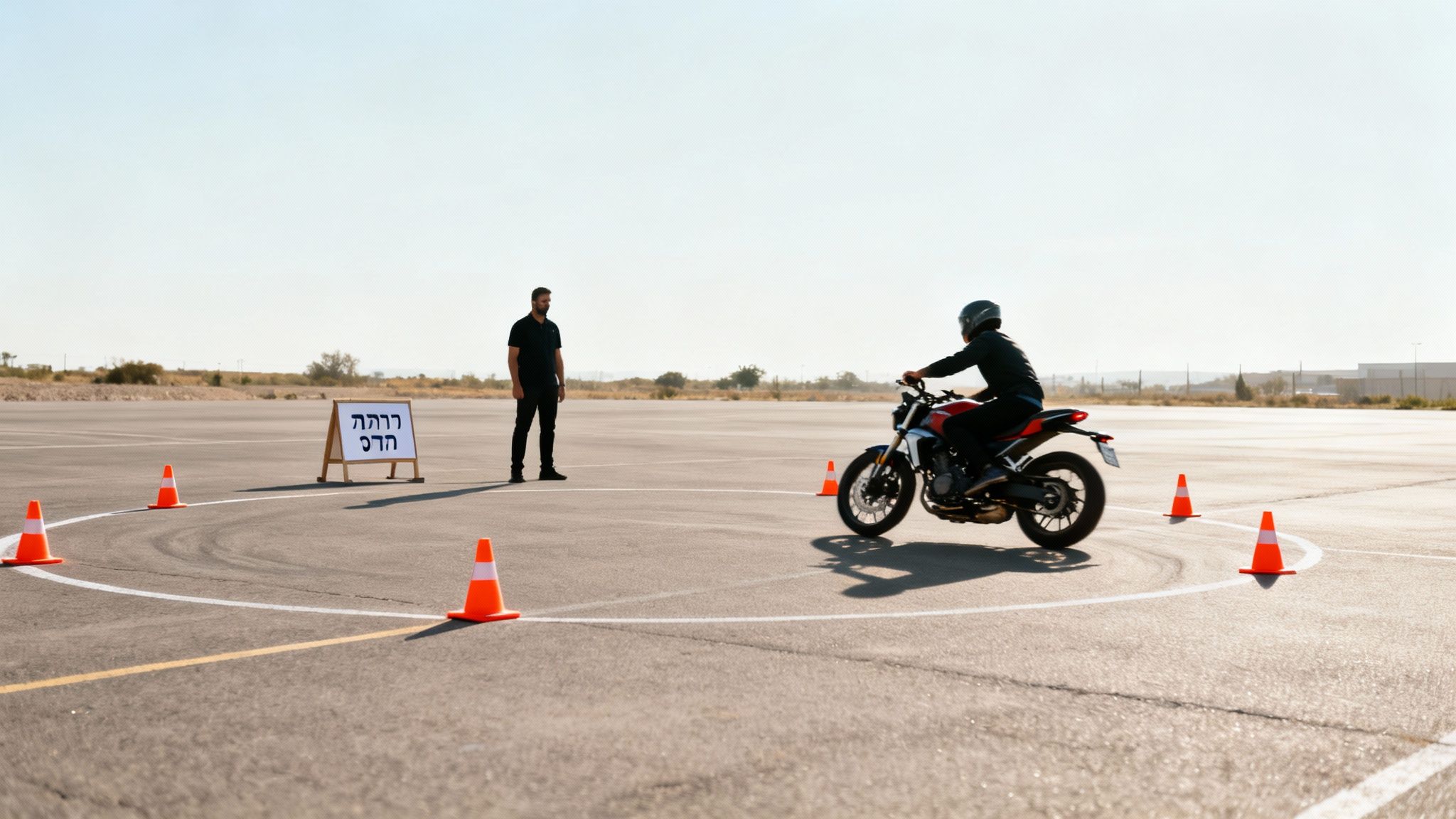 רוכב אופנוע עם קסדה מתרגל נהיגה במעגל תחת השגחת מדריך במגרש אימונים.