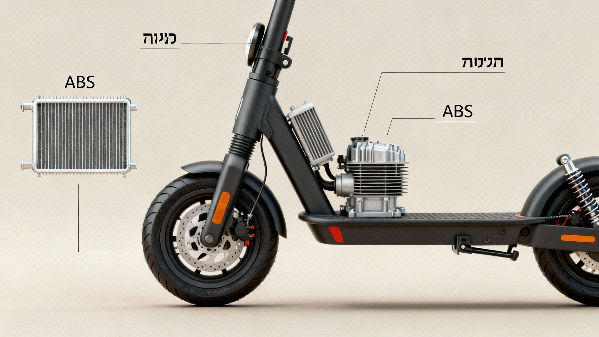 קטנוע שחור עם חתך המציג רכיבים פנימיים כגון קירור, מנוע, היגוי ובלמי ABS.