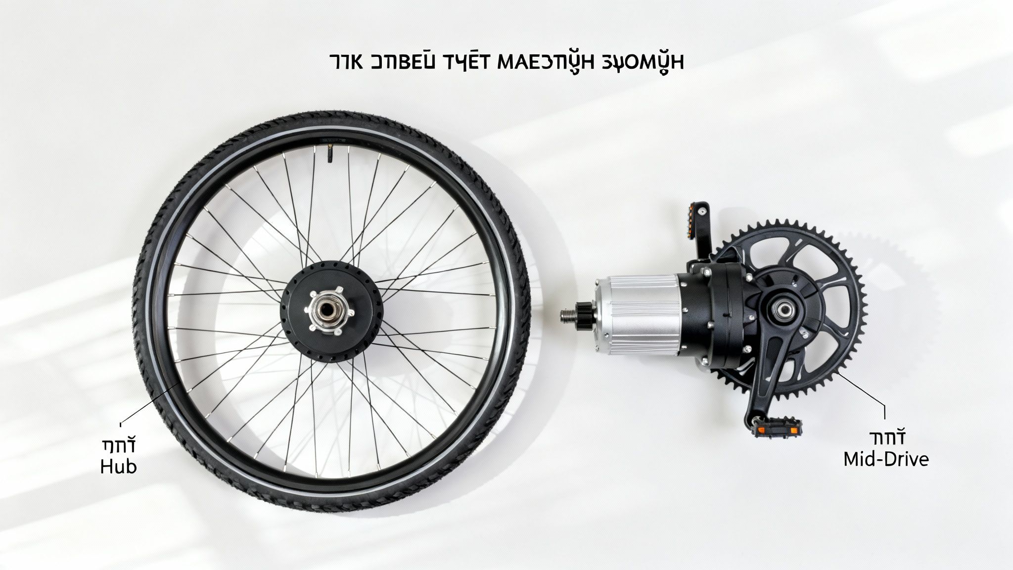 מנוע רכזת (האב) ומנוע מרכזי (מיד-דרייב) לאופניים חשמליים מוצגים בנפרד, להדגמת ההבדלים.