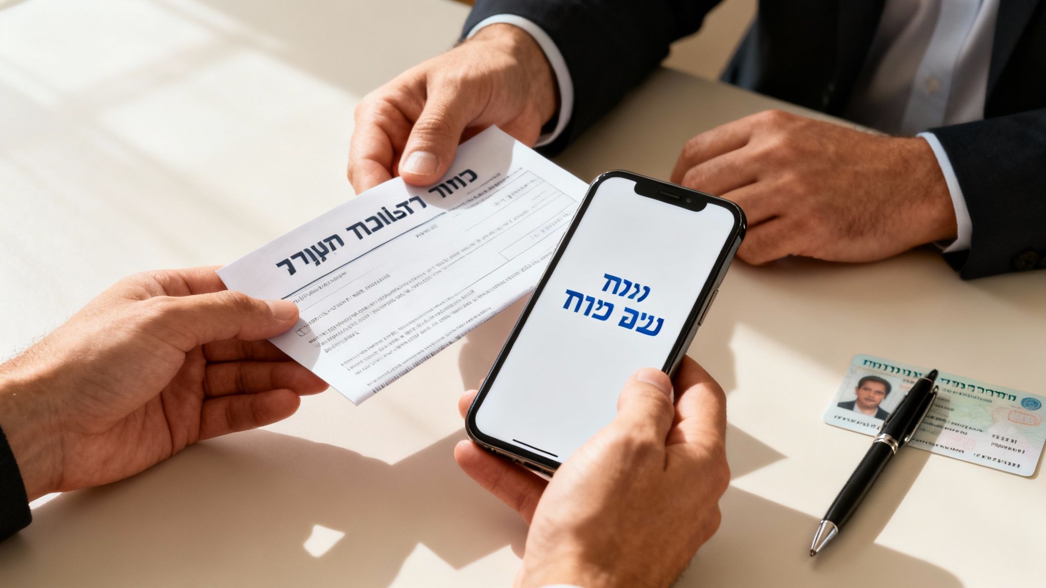 ידיים מחזיקות סמארטפון ומסמך רשמי. על השולחן תעודת זהות ועט, במפגש עסקי או בירוקרטי.