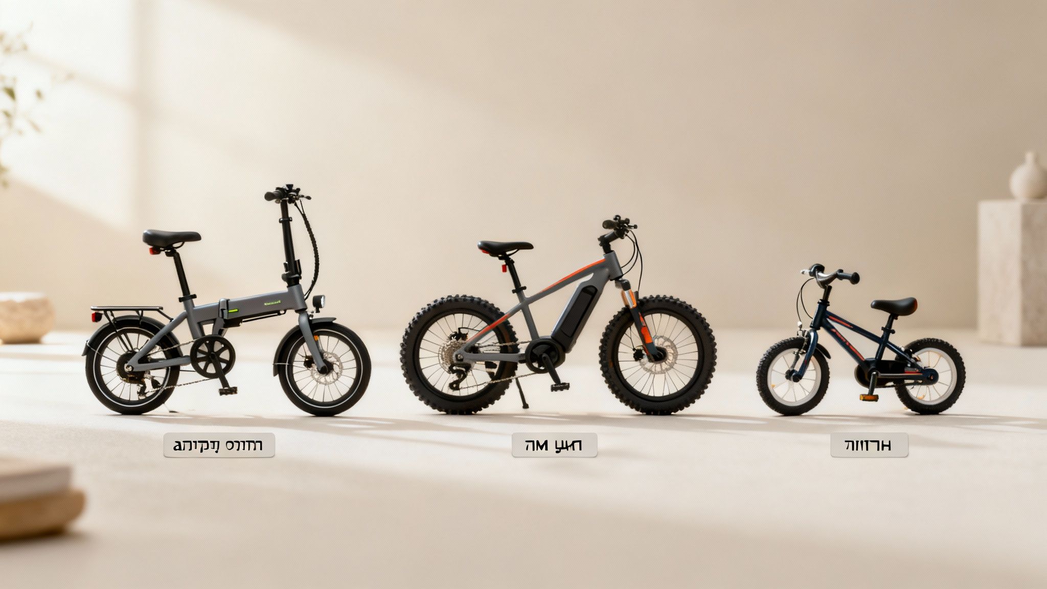 שלושה אופניים בגדלים שונים: אופניים חשמליים מתקפלים אפורים, אופני שטח חשמליים עבים אפורים-כתומים, ואופני ילדים כחולים קטנים.