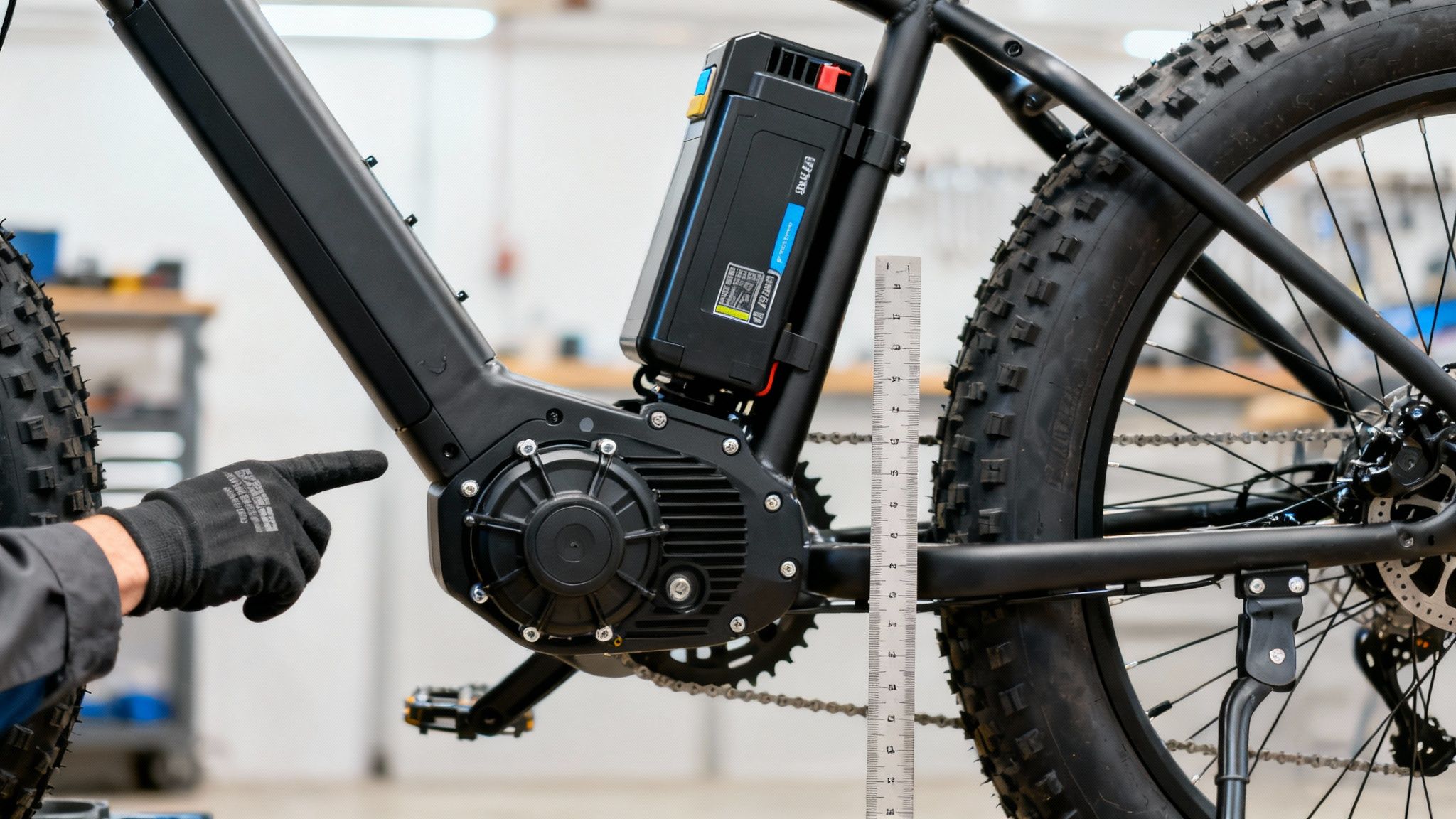 יד בודקת מנוע וסוללה של אופניים חשמליים עם גלגלים עבים, מראה פרטים טכניים.