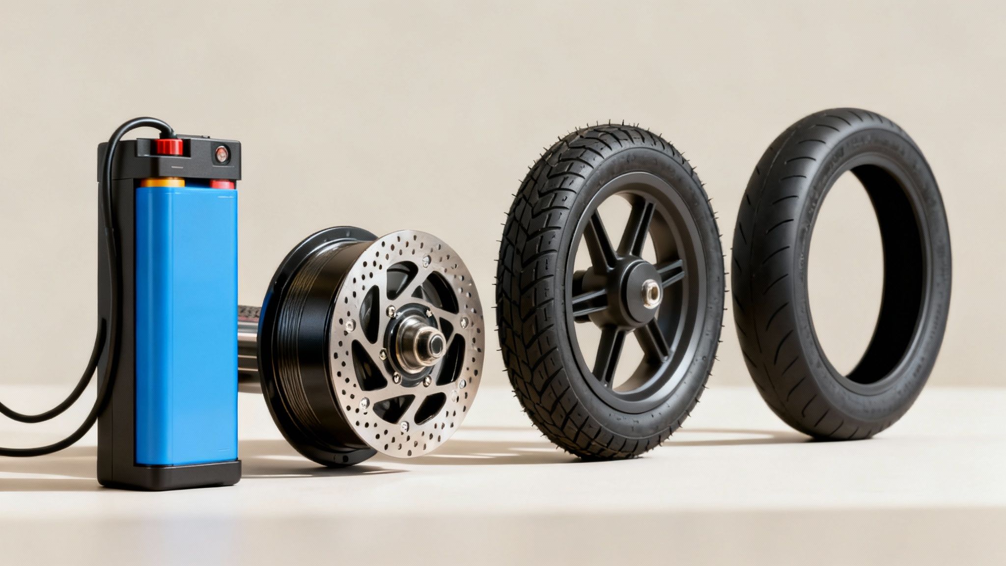 רכיבים של קורקינט חשמלי, כולל סוללה כחולה, מנוע עם דיסק בלם וגלגלים, על רקע בהיר.