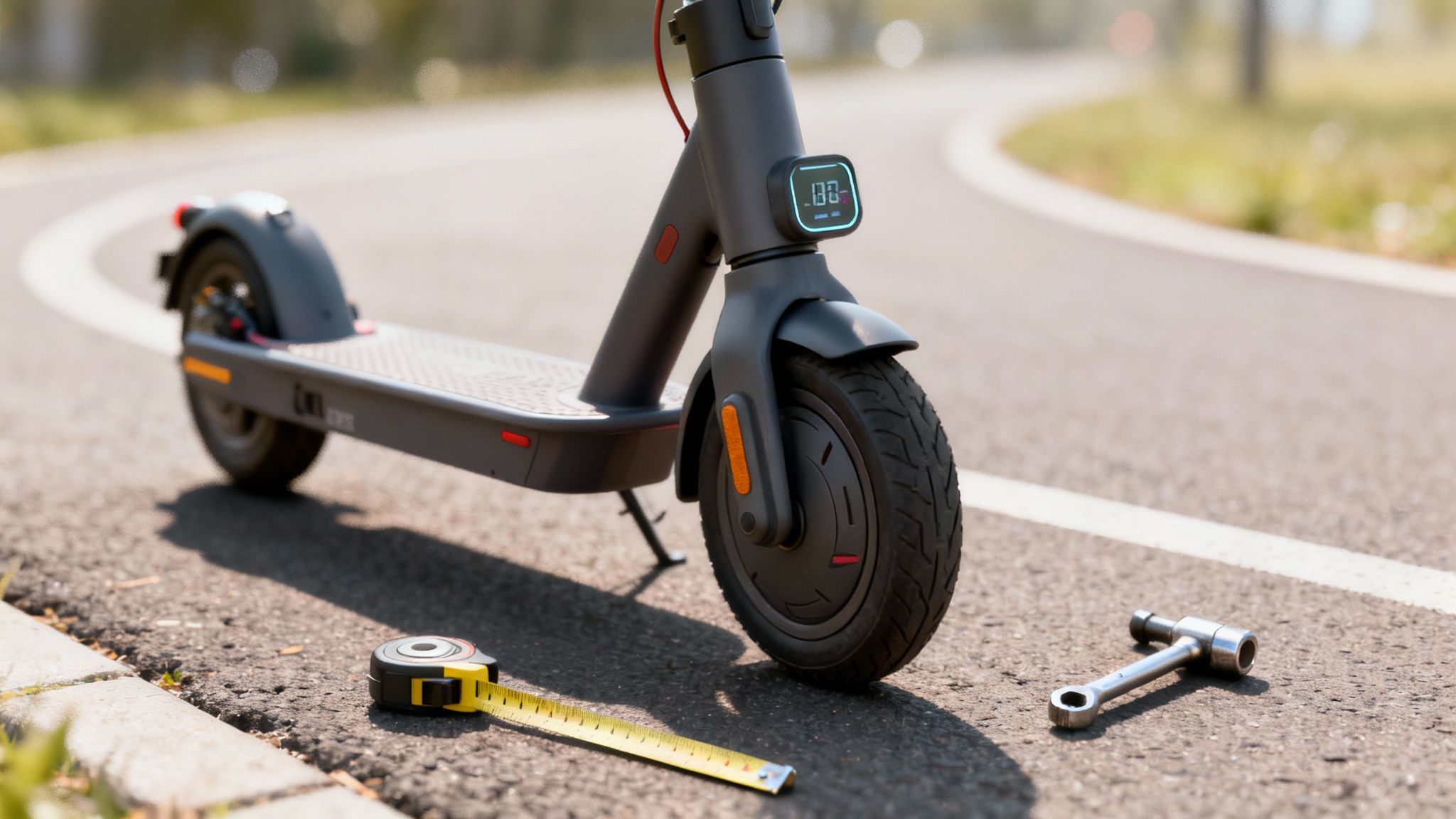 קטנוע חשמלי שחור חונה על כביש אספלט מואר, לידו סרט מדידה וכלי עבודה.