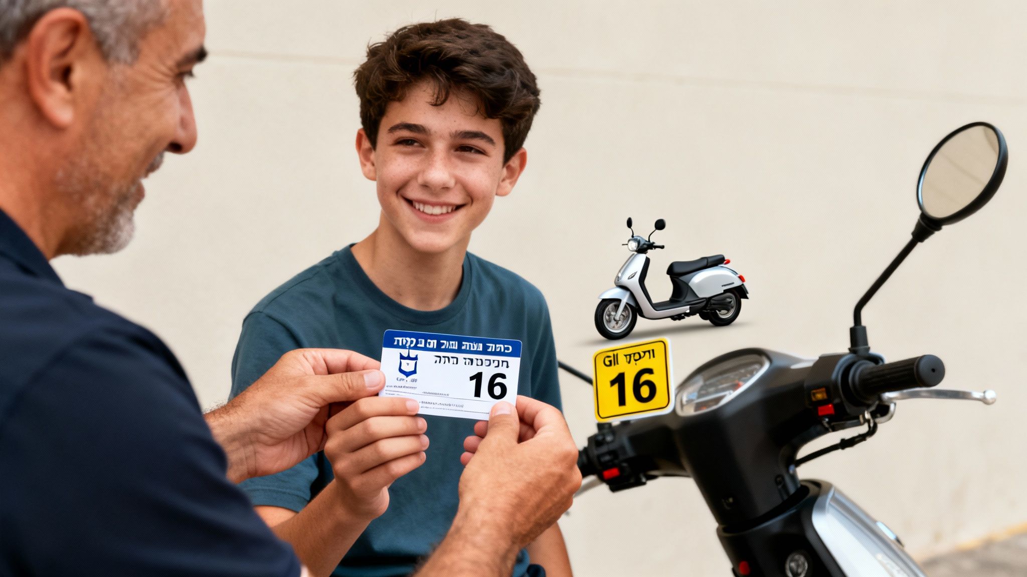 גבר מבוגר מעניק לצעיר כרטיס עם המספר 16, כשלצידם קטנוע ושלט גיל 16.