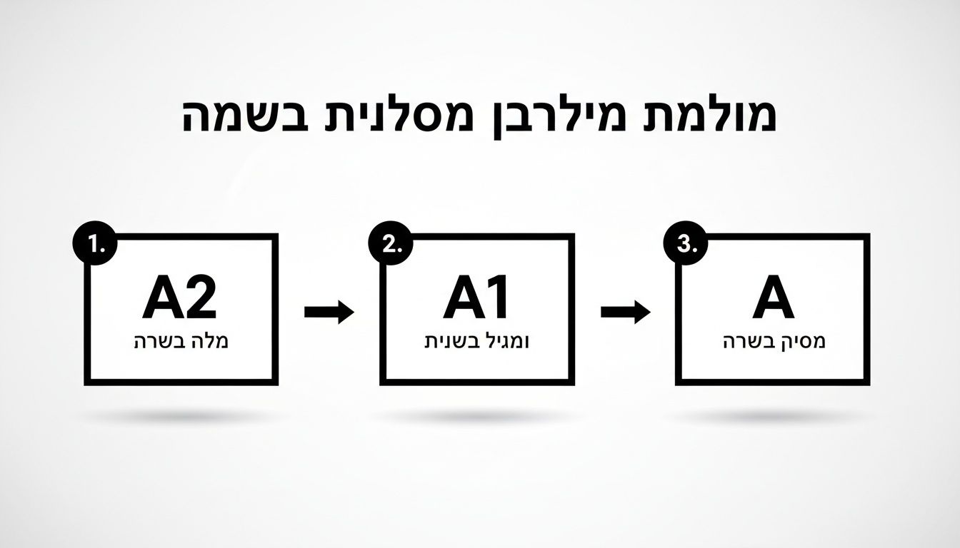 תרשים זרימה המציג מסלול התקדמות בשלושה שלבים: A2 (מלה בשרה), A1 (ומגיל בשנית), ו-A (מסיק בשרה).