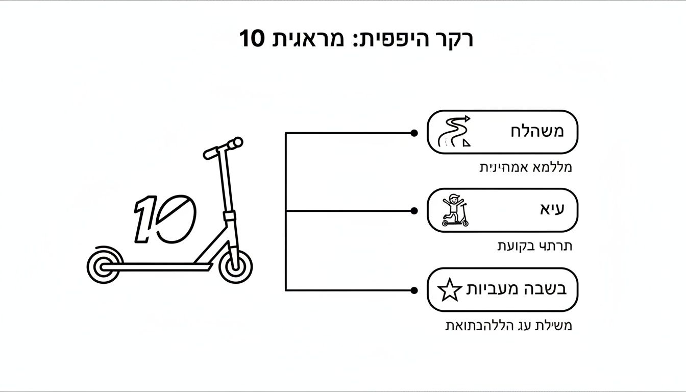 איור קו של קורקינט עם המספר 10 בולט, מציג אפשרויות כמו נתיב מפותל, ילד רוכב וסמל כוכב.