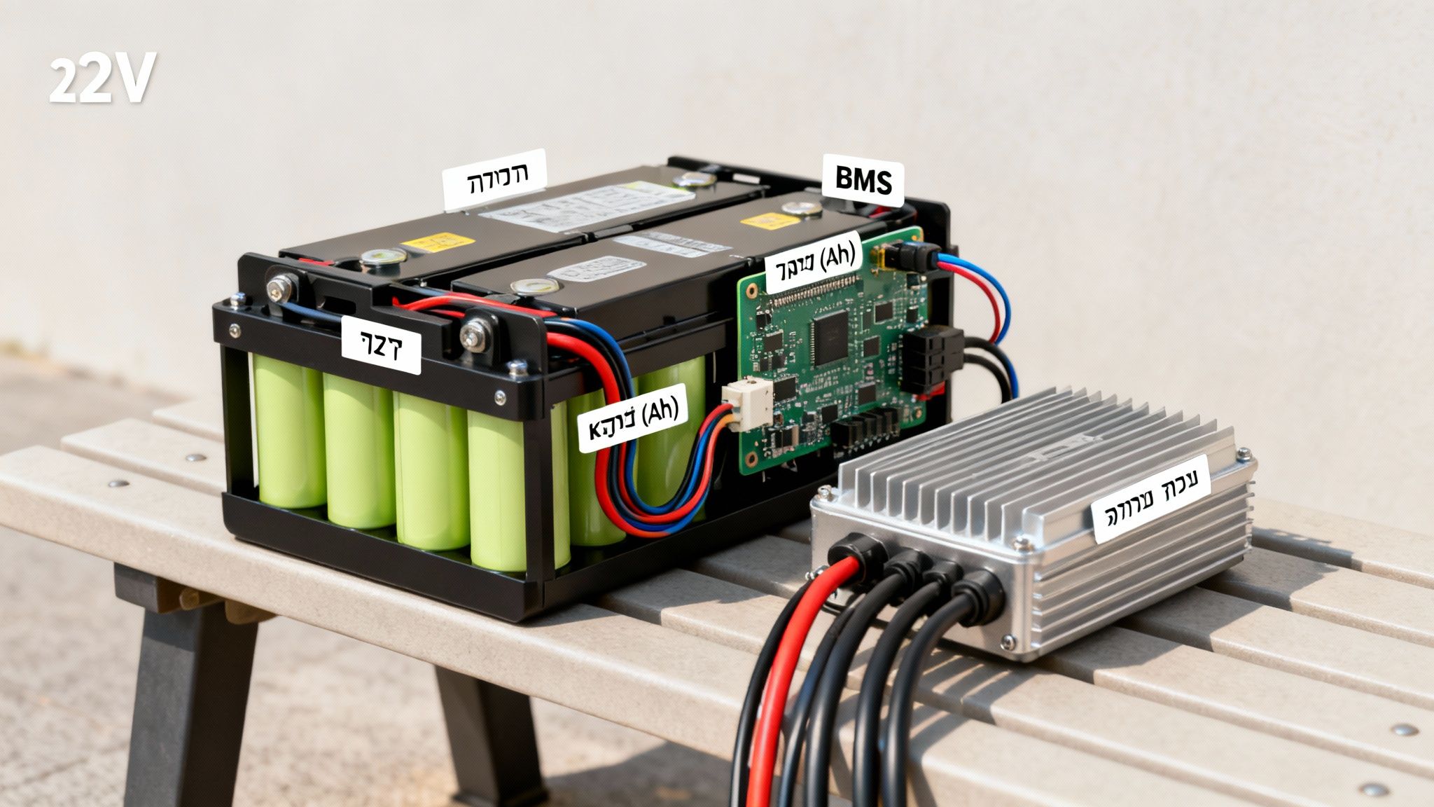 חבילת סוללות ליתיום 22V עם מערכת ניהול (BMS) ובקר כוח חיצוני על ספסל.