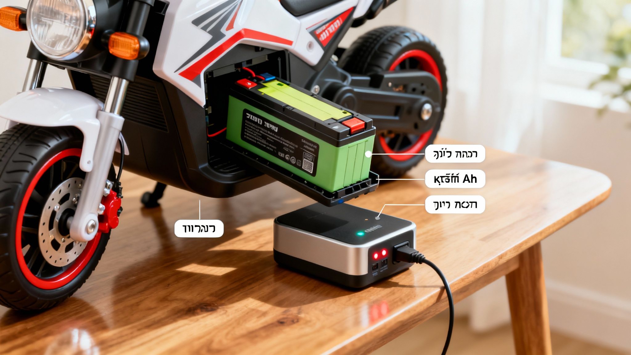 אופנוע צעצוע חשמלי עם סוללה נשלפת ומתקן טעינה. חווית רכיבה בטוחה ומהנה לילדים.