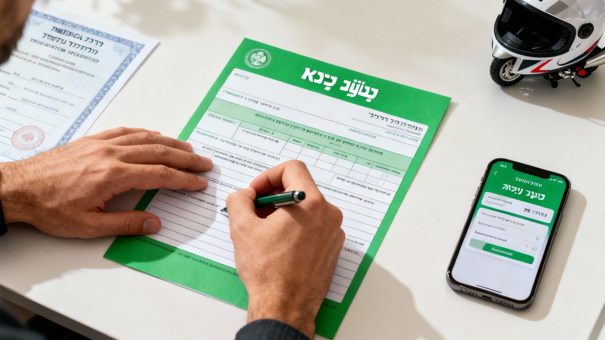 אדם ממלא טופס ירוק, עם תעודה, טלפון קורא טופס דיגיטלי וקסדת אופנוע