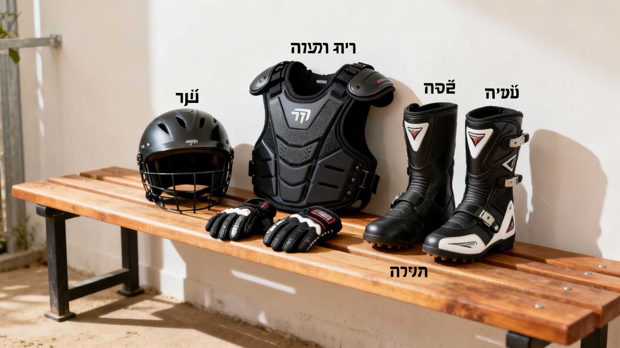 ציוד מגן מלא לרכיבת אופנוע שטח לילדים, כולל קסדה, מגן חזה, כפפות ומגפיים, מונח על ספסל עץ.