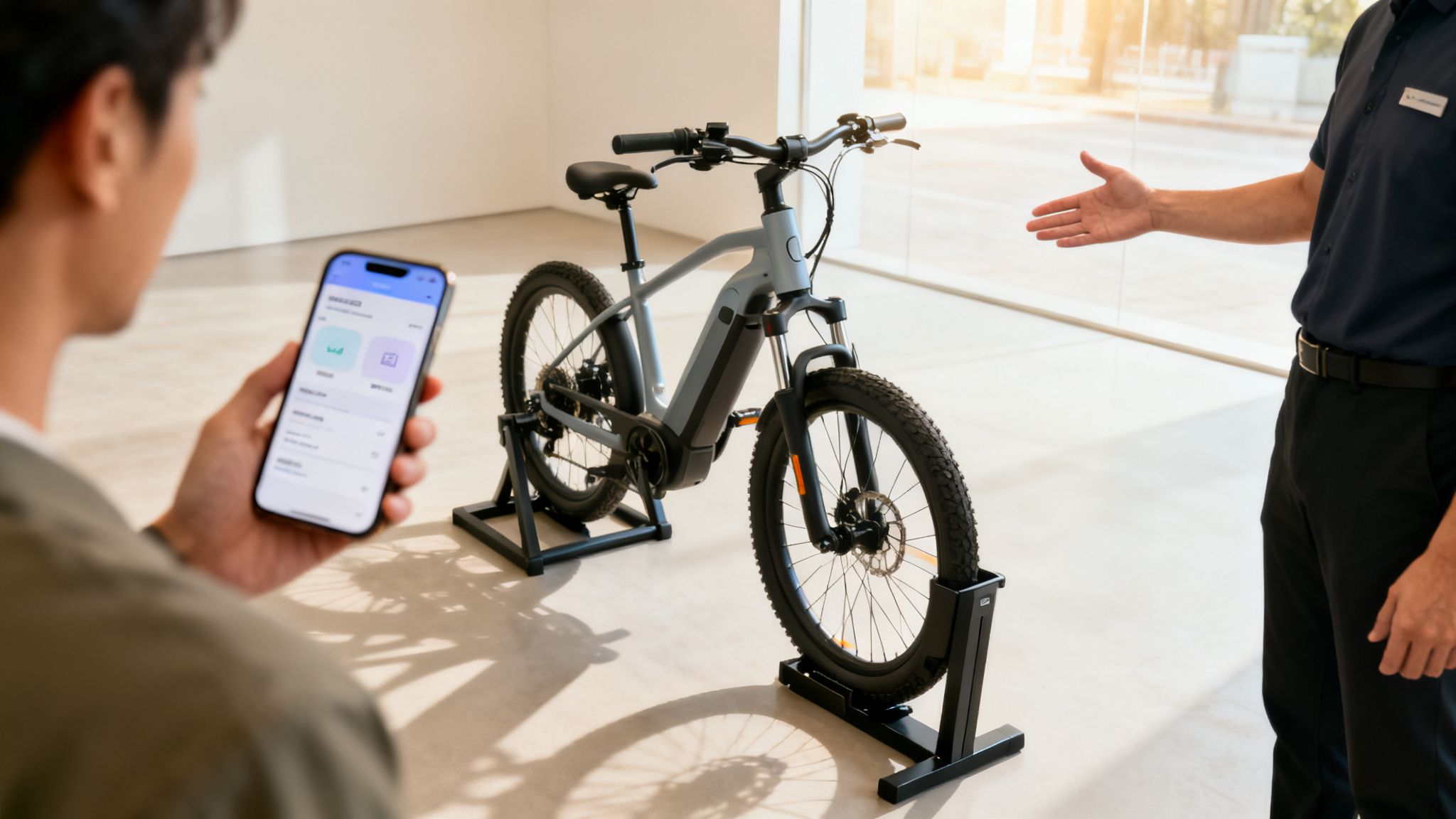 איש מביט באופניים חשמליים חדשים בתצוגה, מחזיק סמארטפון עם אפליקציה, ואיש מכירות מציג לו.
