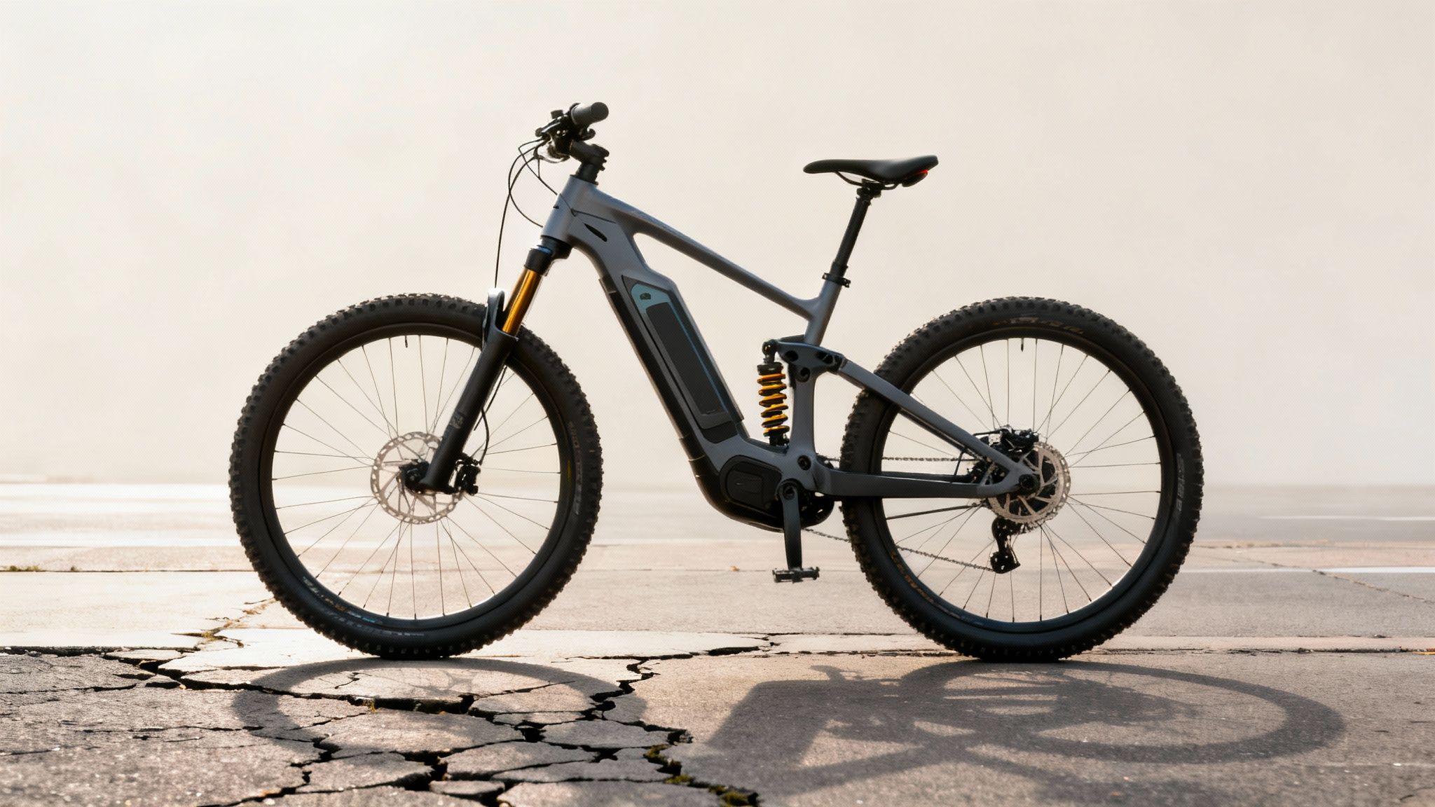 אופני הרים חשמליים עם שיכוך מלא בצבע אפור עומדים על אספלט סדוק.