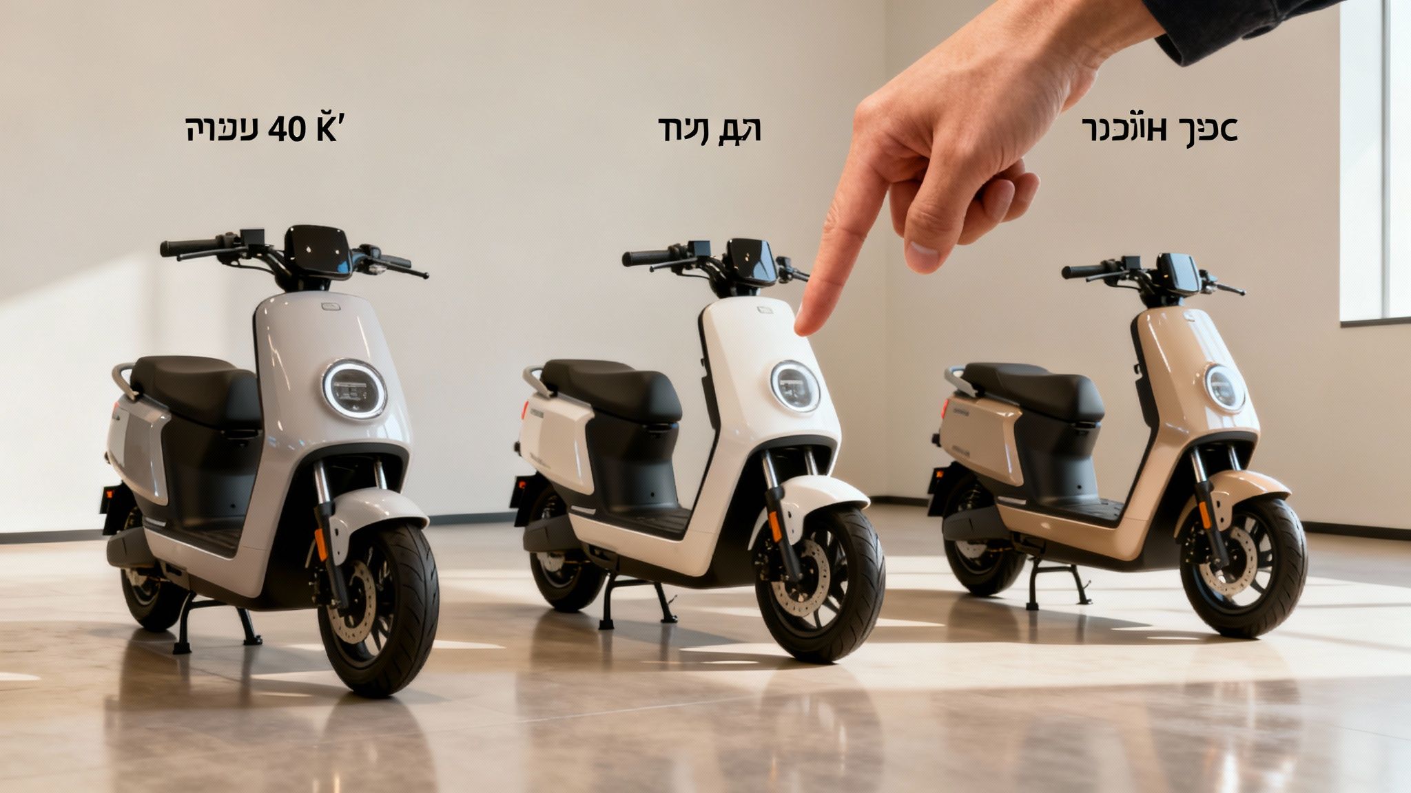 תצוגה של שלושה קטנועים חשמליים מודרניים בצבעים שונים, ויד המצביעה על אחד מהם.