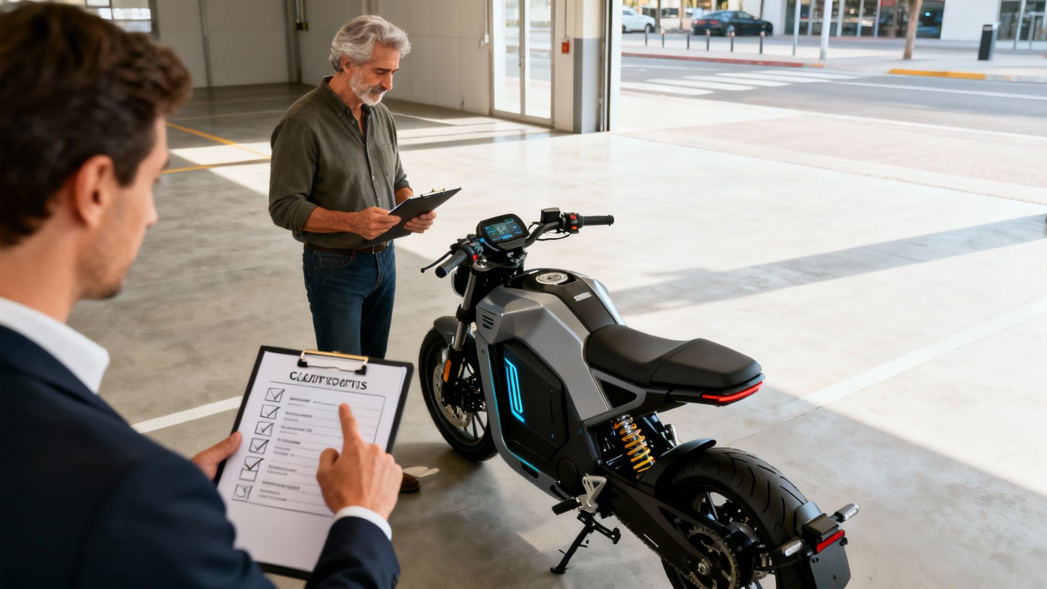 שני גברים בודקים אופנוע חשמלי חדש עם מסמכים וצ'קליסט בחלל פנימי מודרני.