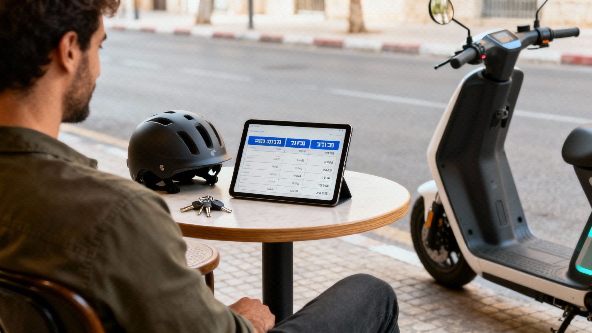 גבר יושב ליד שולחן בחוץ, מסתכל על טאבלט. על השולחן קסדה ומפתחות. קטנוע חשמלי לבן חונה ברקע.