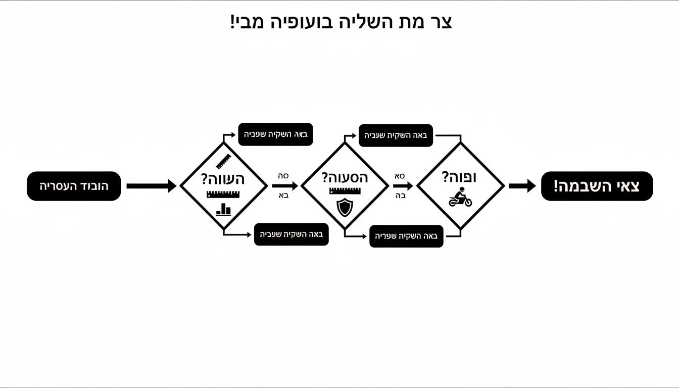 תרשים זרימה בשחור לבן עם שאלות בעברית ואייקון אופנוע, המתאר תהליך החלטה.