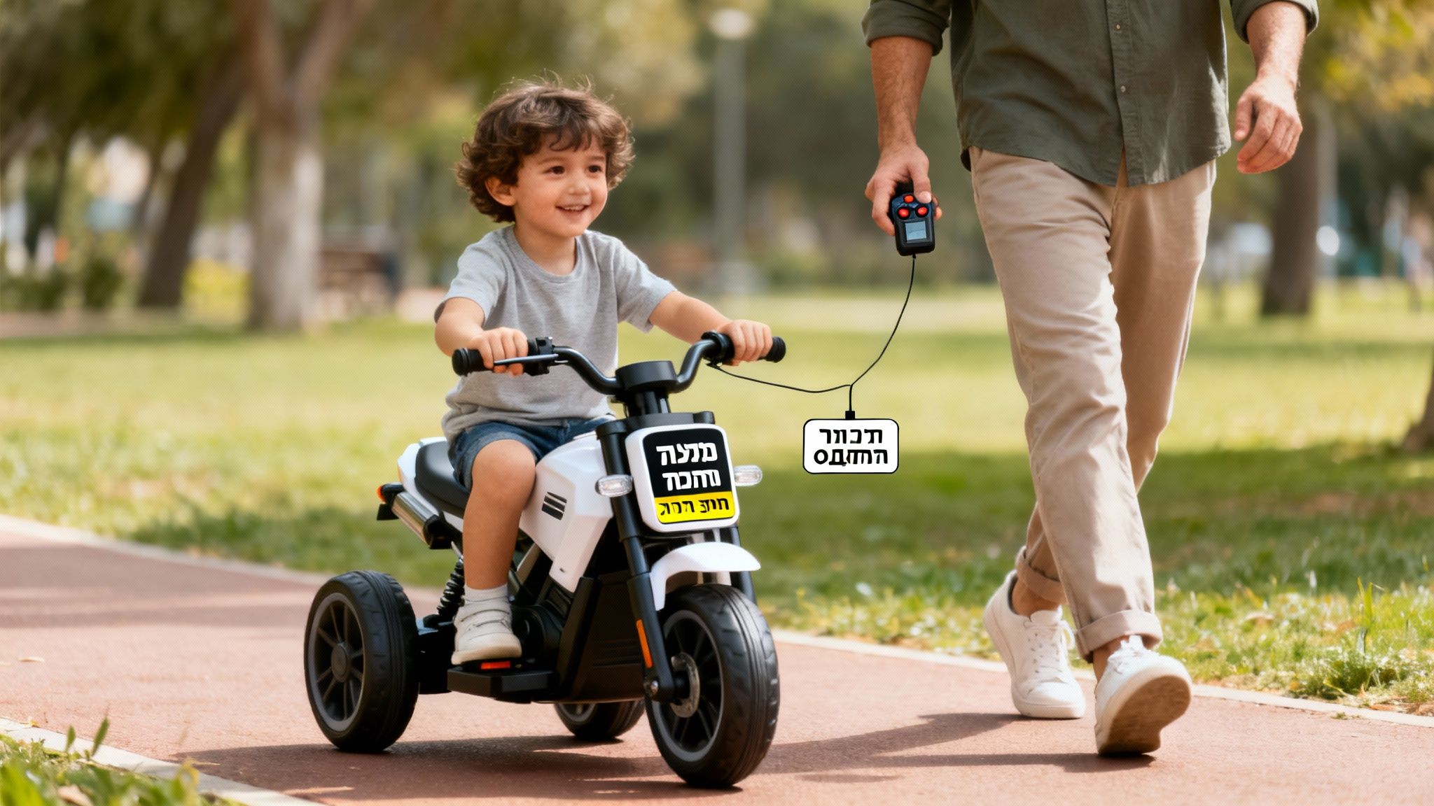 ילד מחייך רוכב על אופנוע צעצוע חשמלי בפארק, מבוגר שולט עם שלט רחוק.