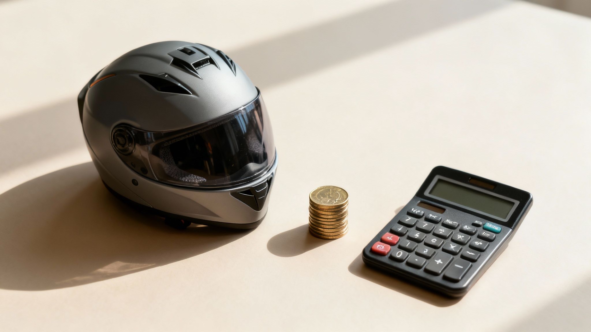 קלוז אפ של קסדה לאופנוע, ערימת מטבעות ומחשבון, המסמלים את עלויות הרישוי והבטיחות.