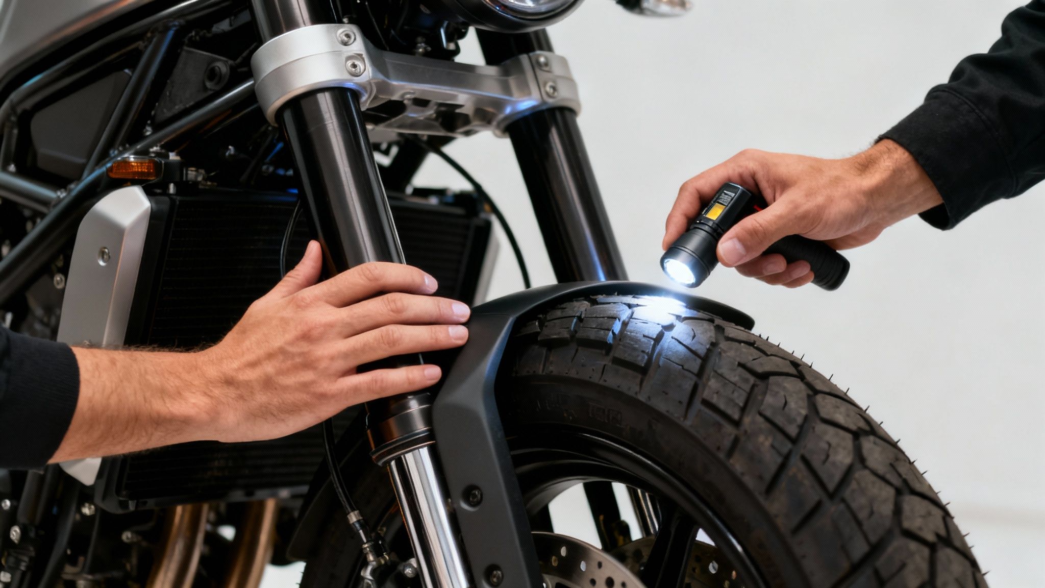 בדיקת אופנוע יד שניה: יד מאירה בפנס צמיג קדמי, ויד נוספת על המתלה השחור.