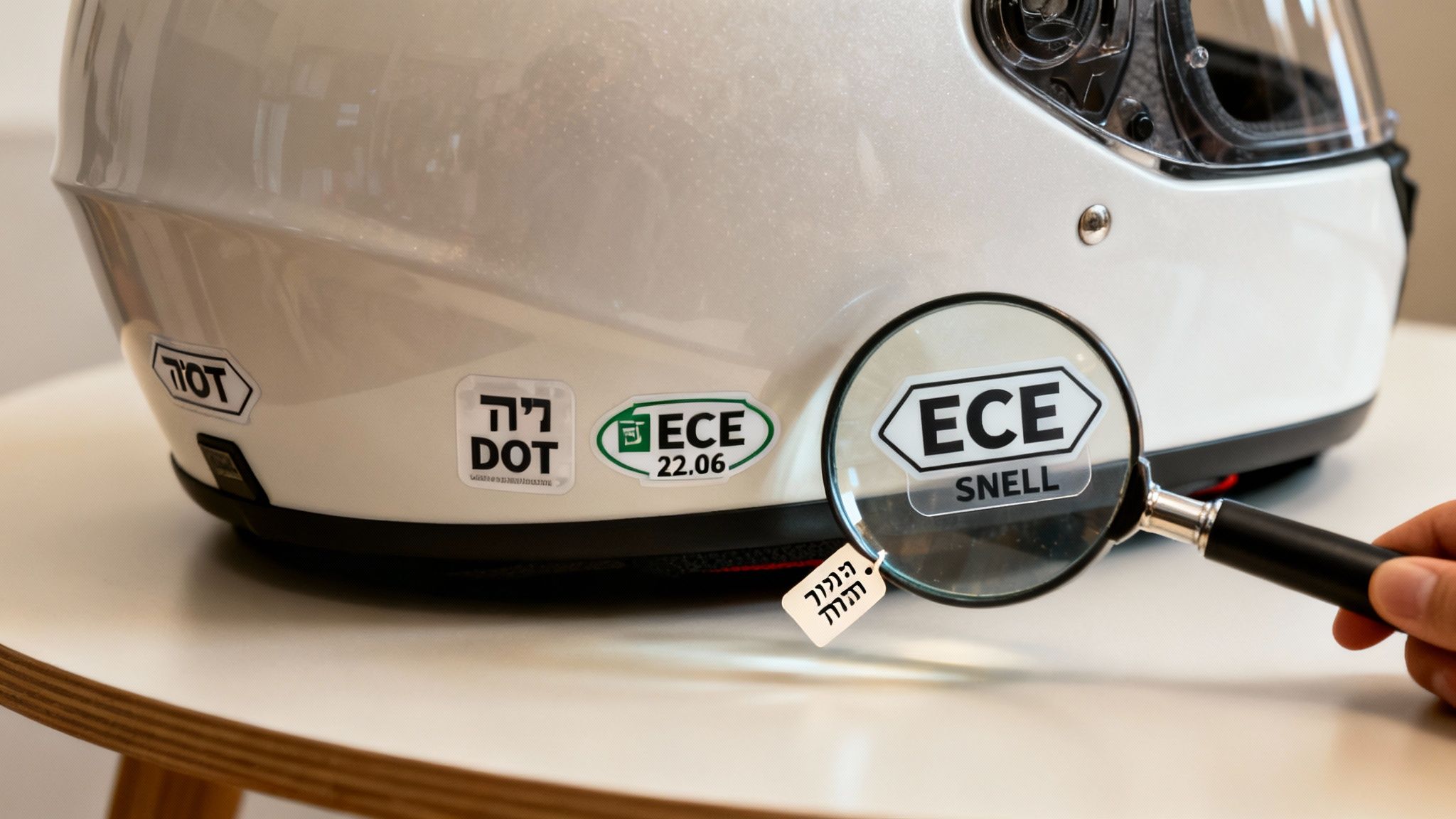 קרוב של קסדת אופנוע לבנה עם מדבקות אישור DOT ו-ECE. זכוכית מגדלת מתמקדת באישור ECE SNELL ותווית עם טקסט בעברית.
