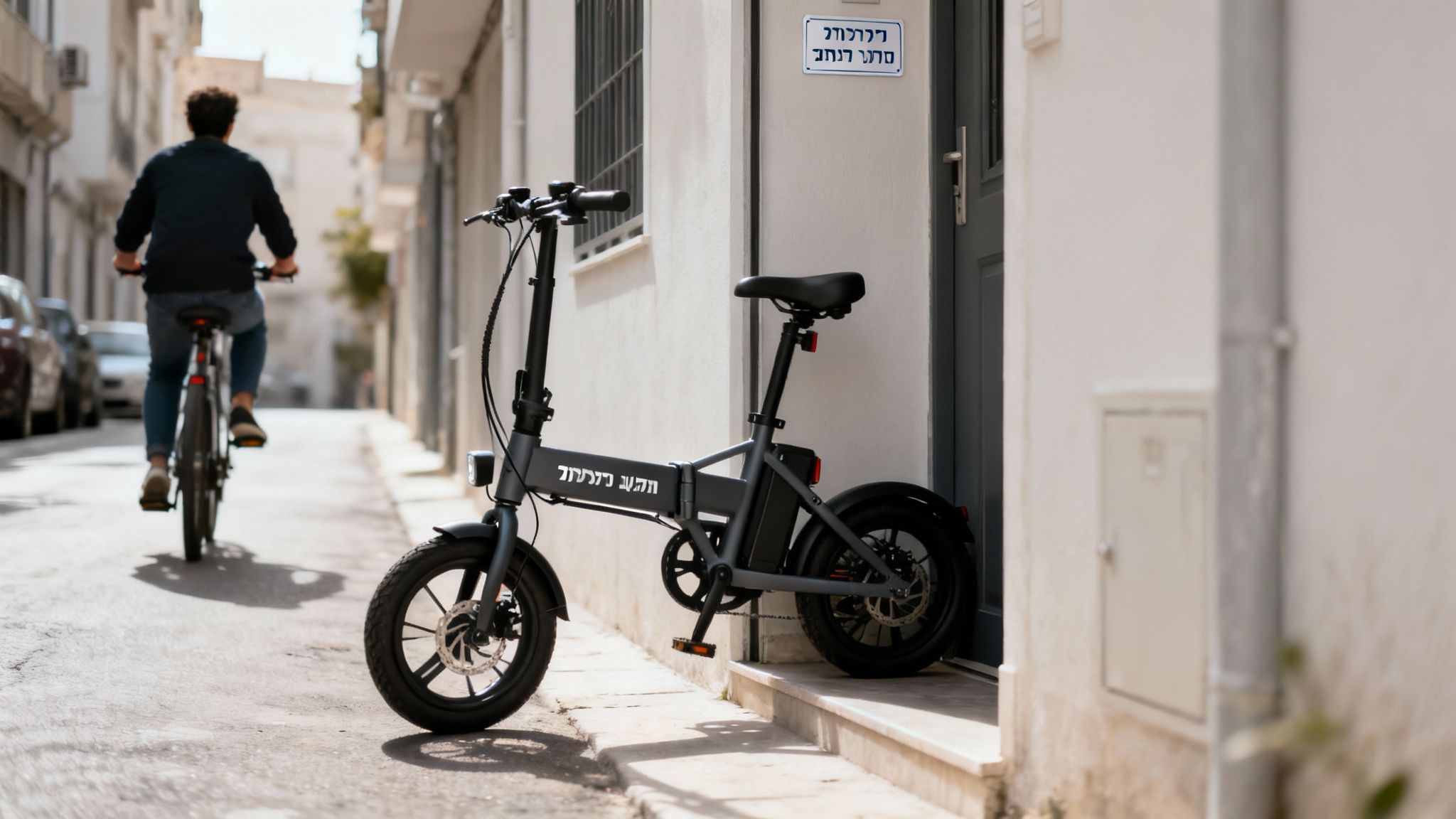 אופניים חשמליים מתקפלים אפורים חונים ליד בניין, עם אדם רוכב על אופניים ברחוב צר.