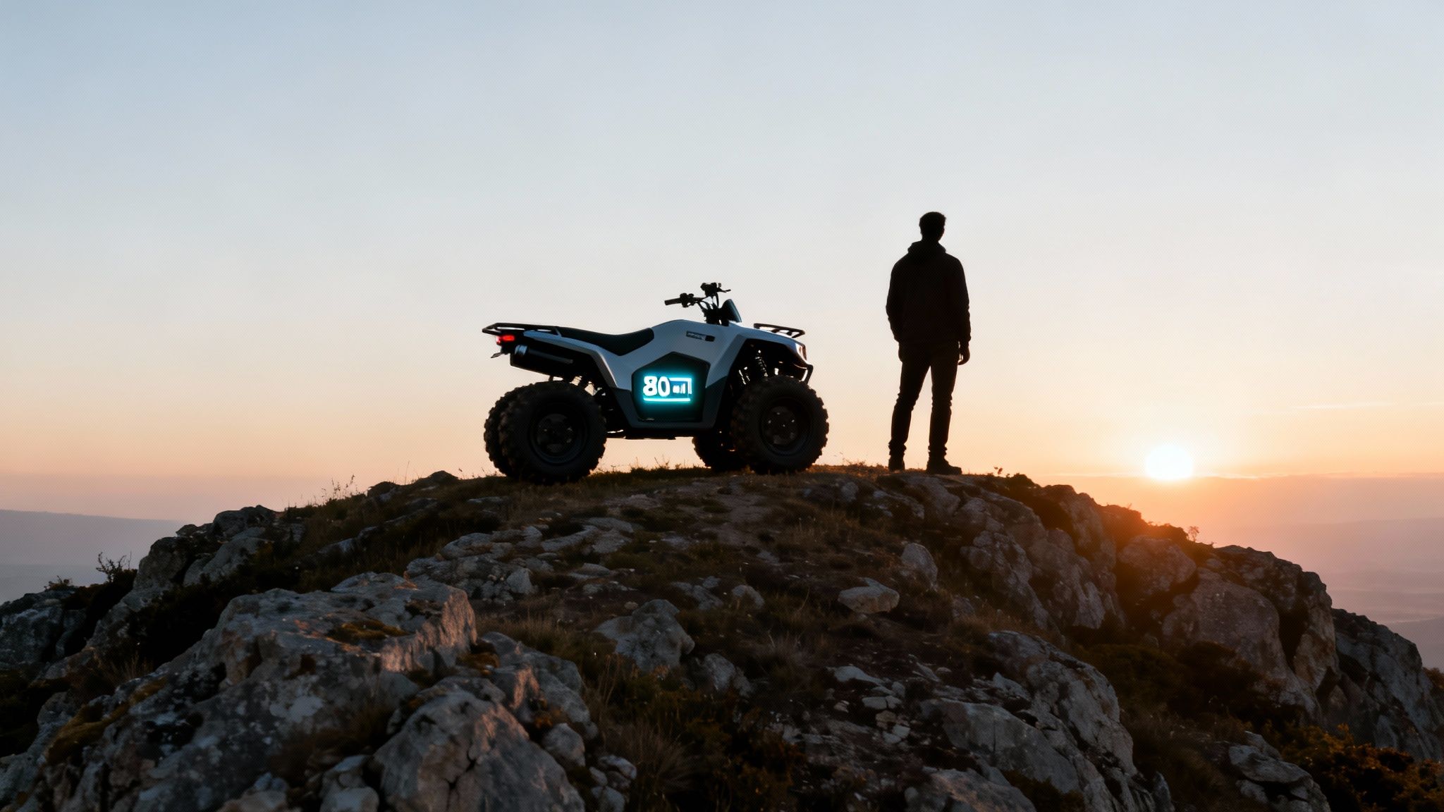 טרקטורון חשמלי עם תצוגת 80% סוללה, אדם עומד על גבעה סלעית מול שקיעה.