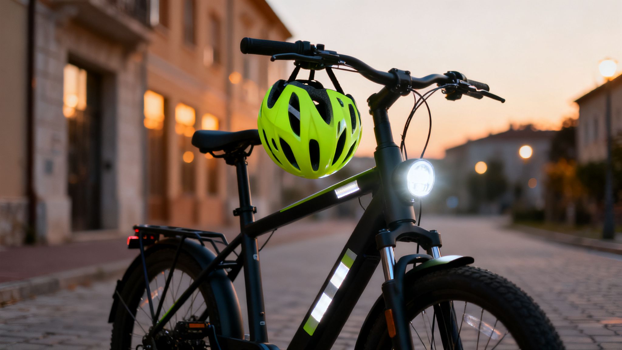 אופניים חשמליים שחורים עם קסדה ירוקה תלויה על הכידון, מוארים באור השקיעה ברחוב עירוני.