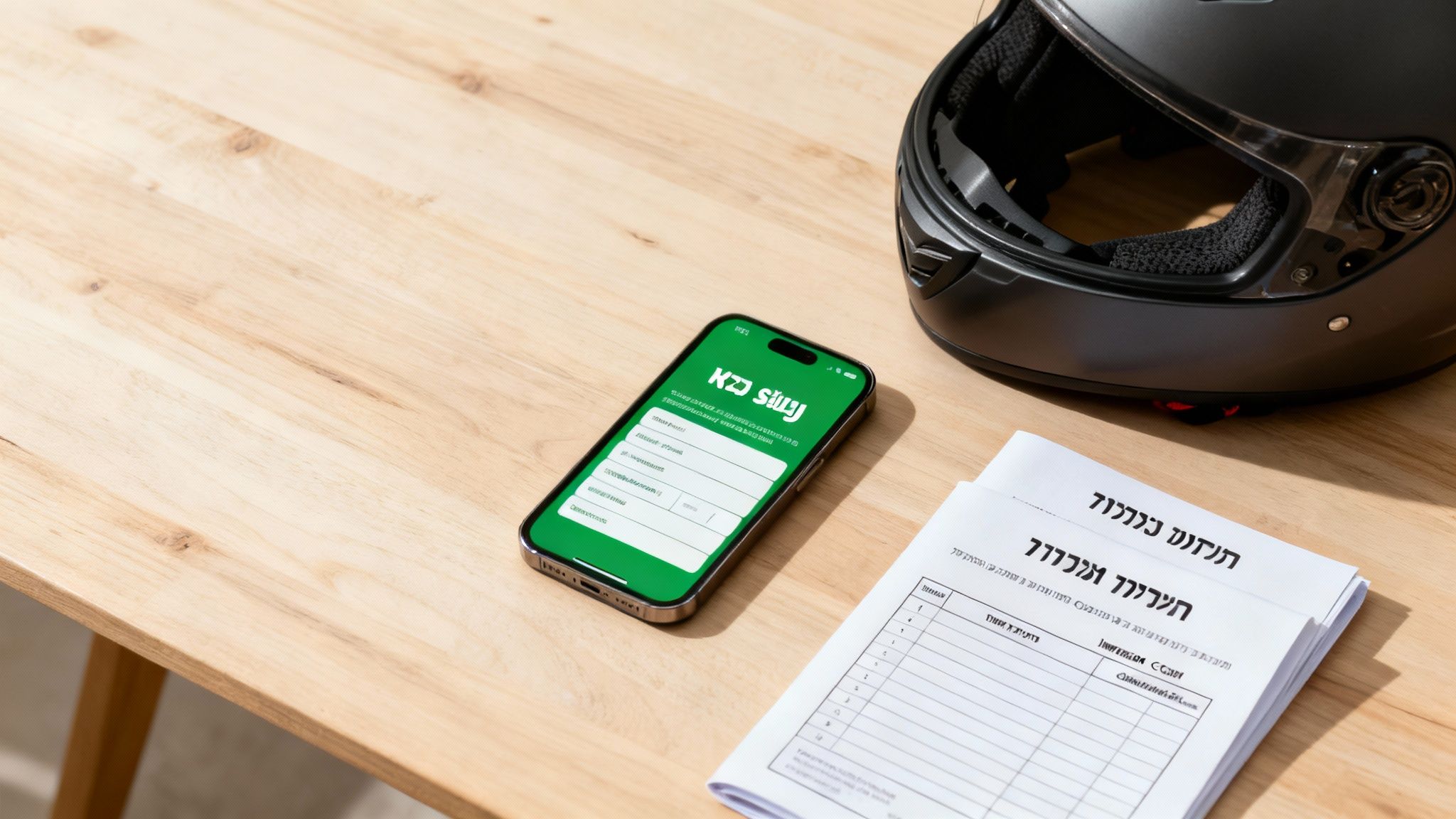 טלפון חכם עם אפליקציה ירוקה, קסדת אופנוע ומסמכים על שולחן עץ בהיר.