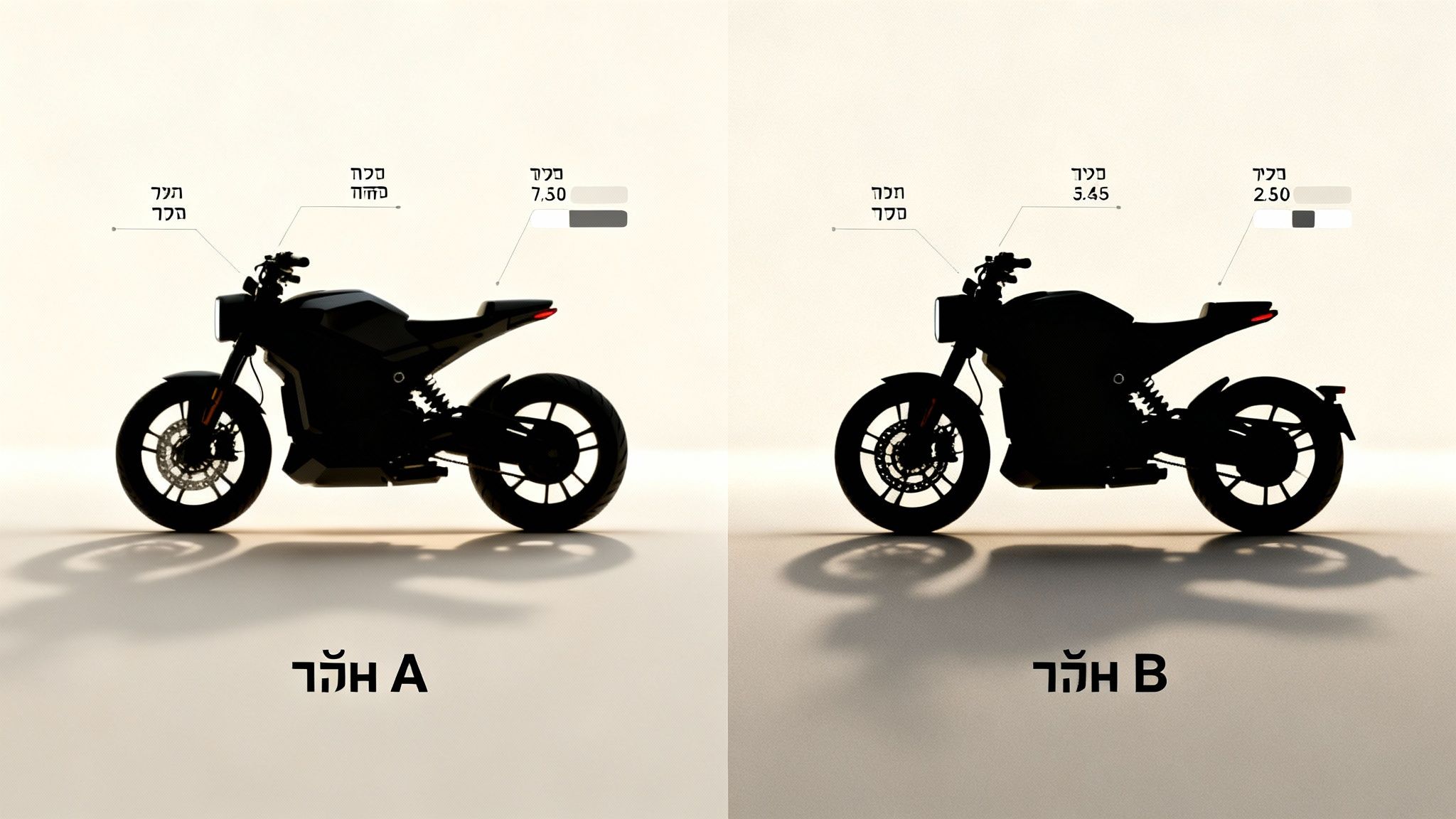 שני אופנועים חשמליים, עיצוב A ו-B, עם פרטי תאורה קדמית ואחורית ומדדי צבע.