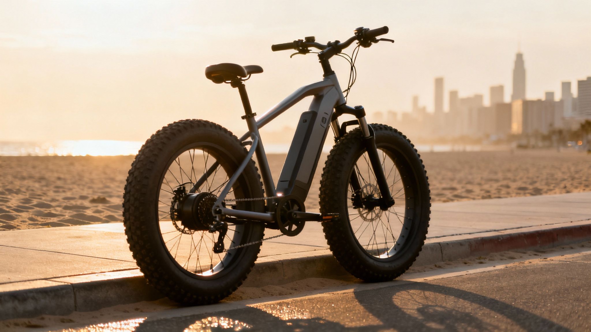 אופניים חשמליים עם צמיגים עבים על טיילת חוף חולית בשקיעה, עם קו רקיע עירוני מטושטש ברקע.