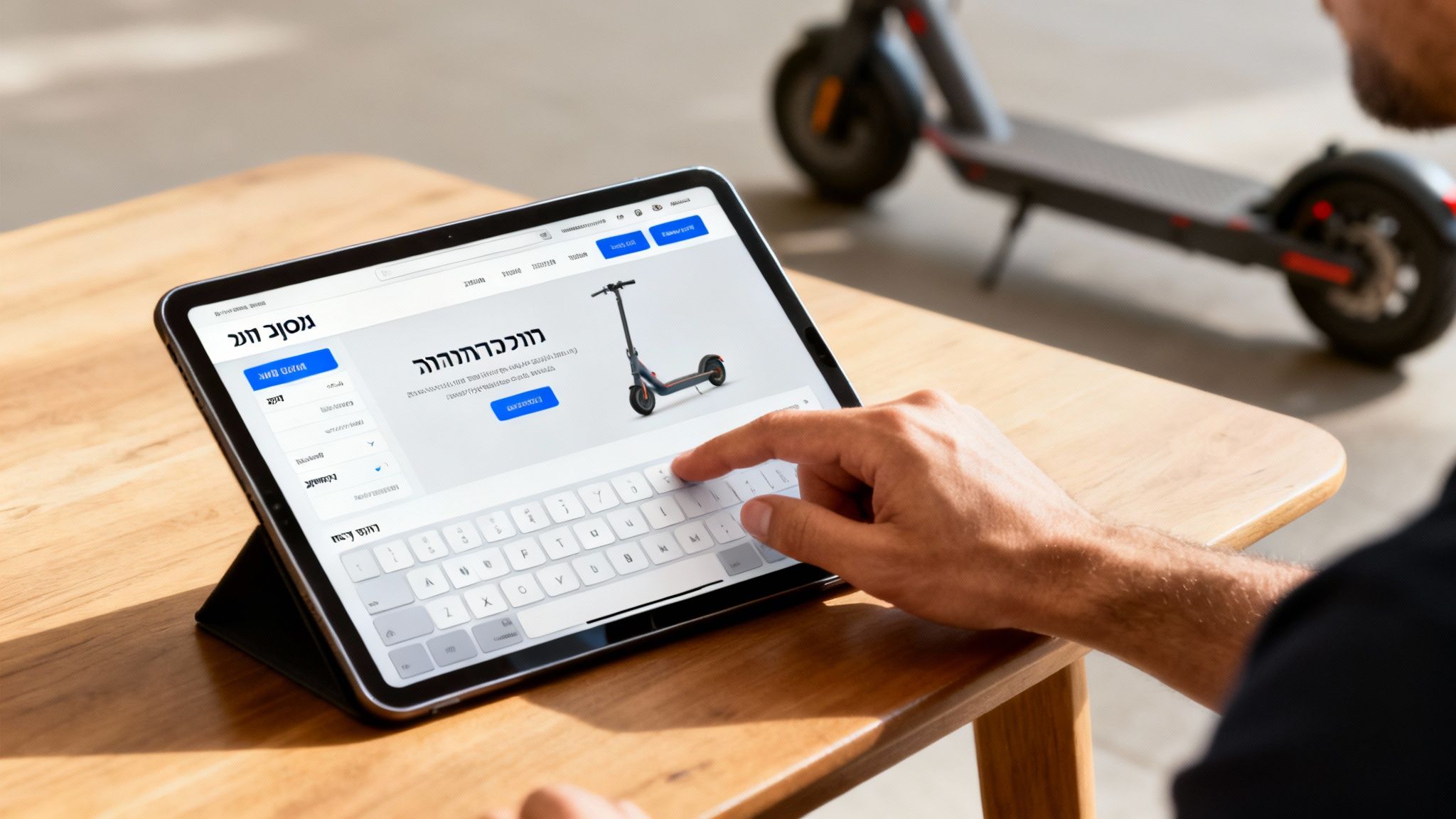 אדם מקליד על אייפד המציג קטנוע חשמלי באתר אינטרנט, עם קטנוע חשמלי נוסף ברקע.