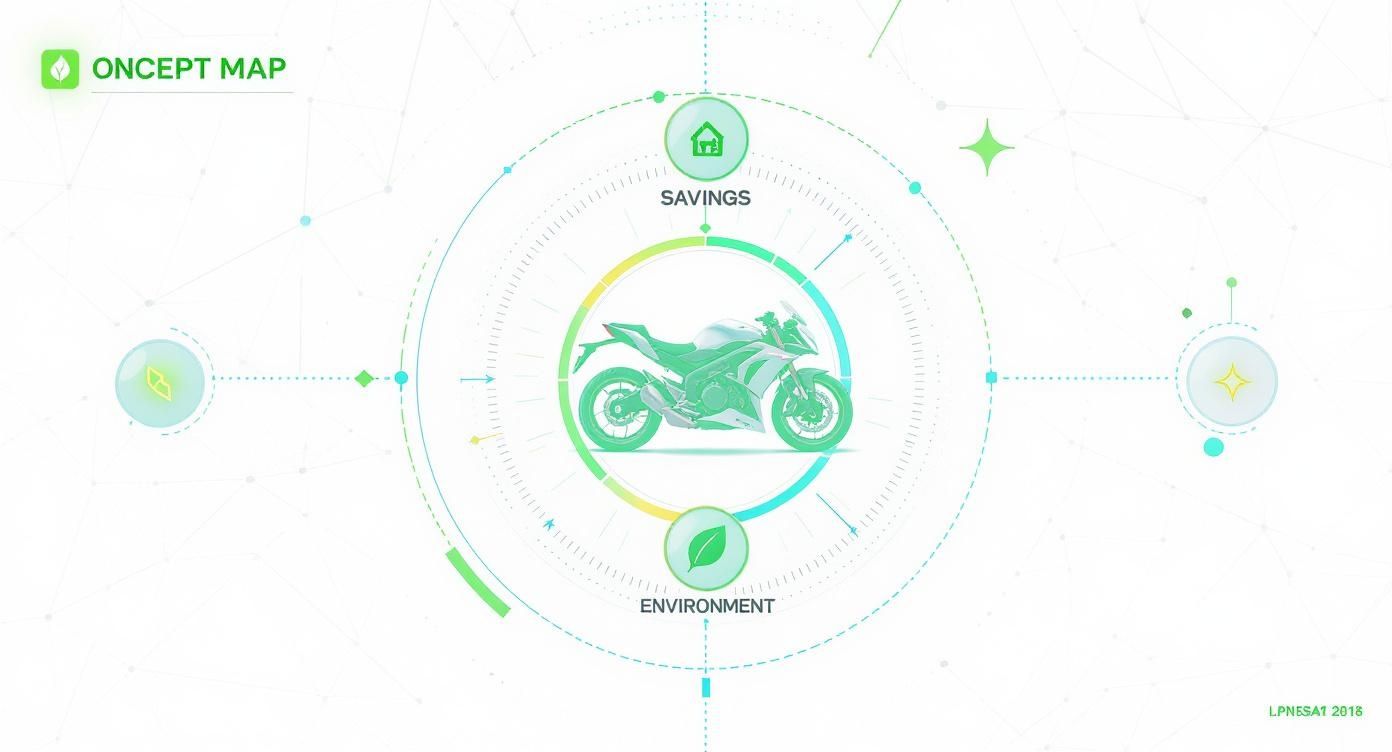 מפת מושגים ויזואלית המציגה אופנוע ומדגישה יתרונות כמו חיסכון וסביבה.
