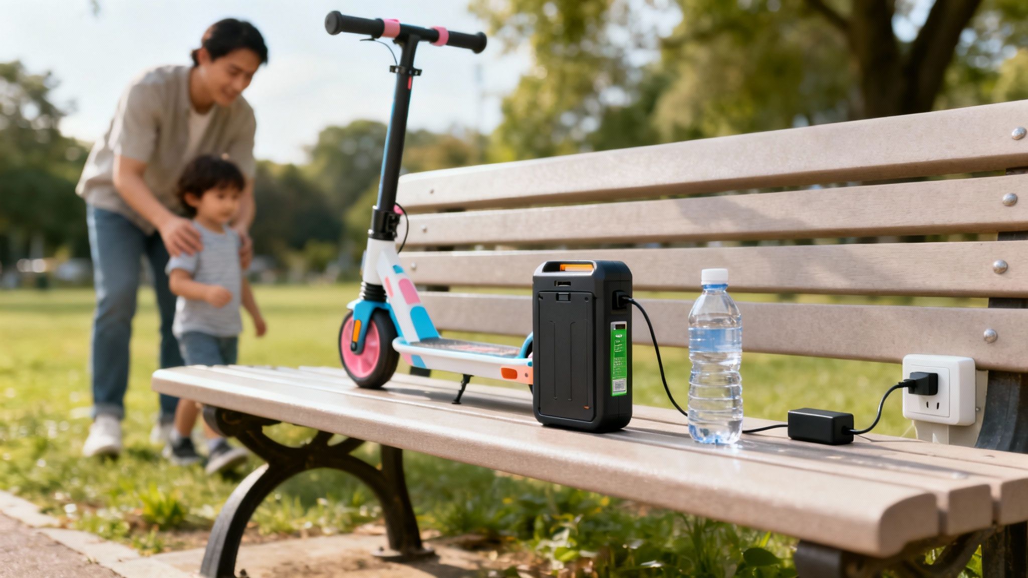 אב ובן בפארק, קורקינט חשמלי לילדים נטען על ספסל עם בקבוק מים ושקע חשמל.