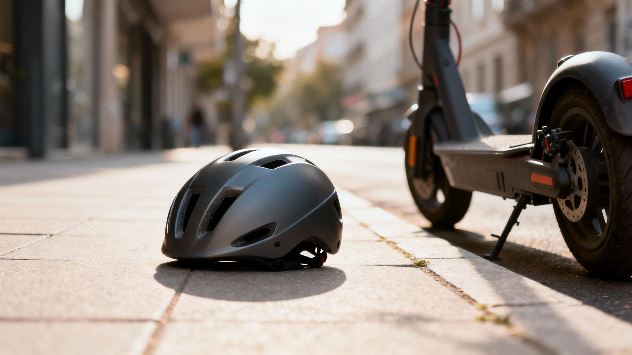 קסדה אפורה מונחת על מדרכה שטופת שמש ליד קורקינט חשמלי בעיר.