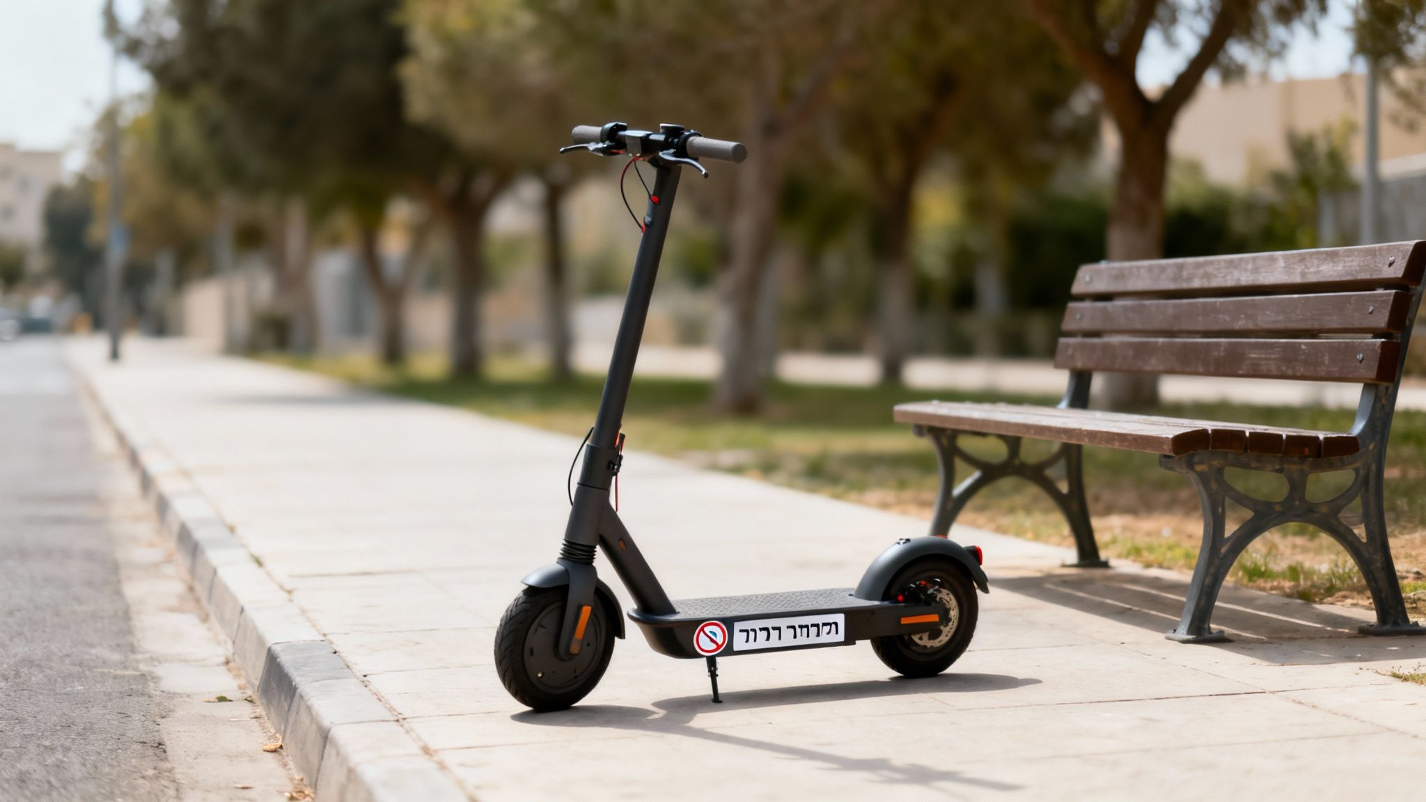 קורקינט חשמלי שחור חונה על מדרכה ליד ספסל עץ, כשברקע עצים וכביש שטוף שמש.