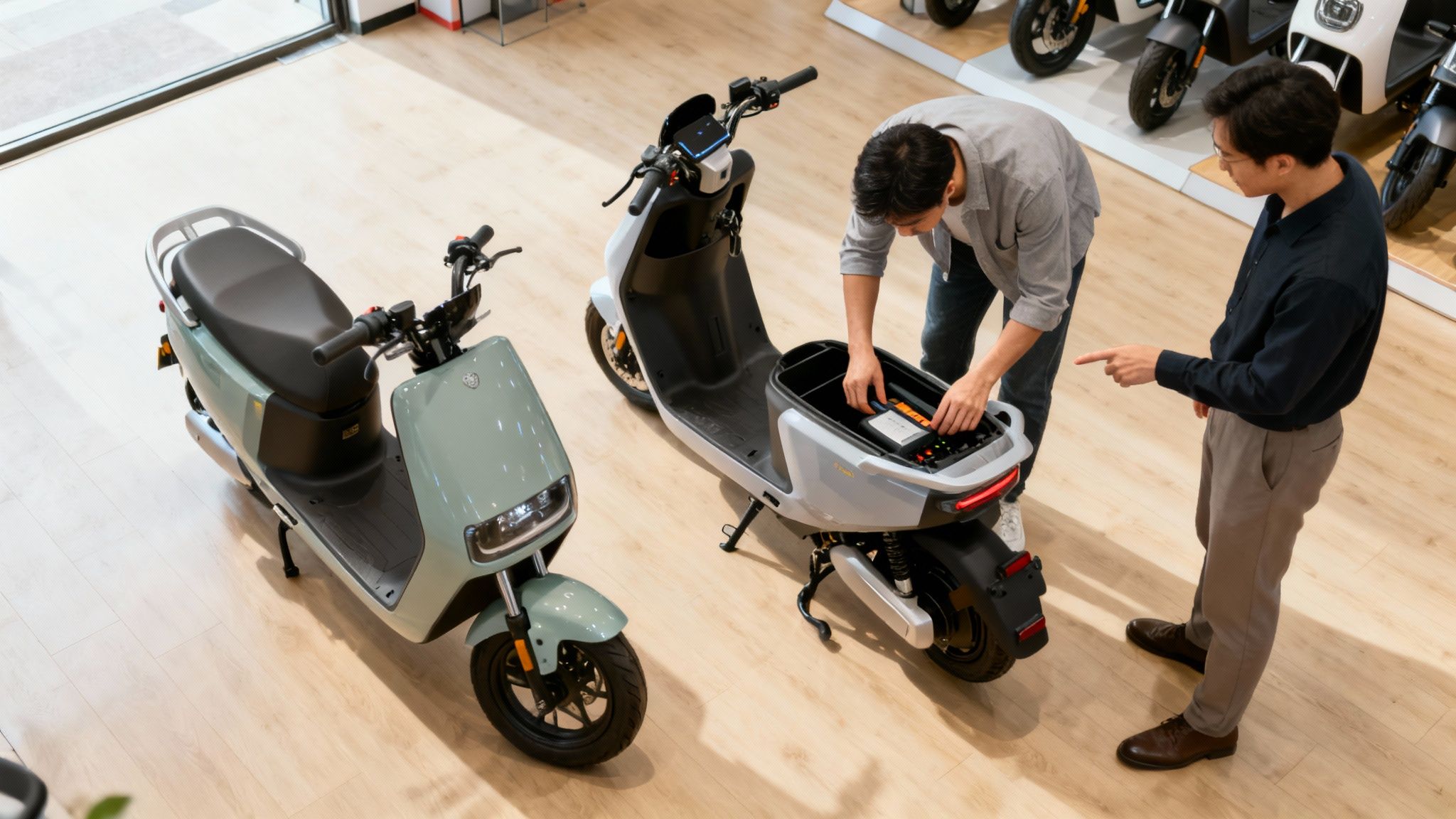 שני גברים באולם תצוגה של קורקינטים חשמליים בוחנים סוללות באחד הכלים.