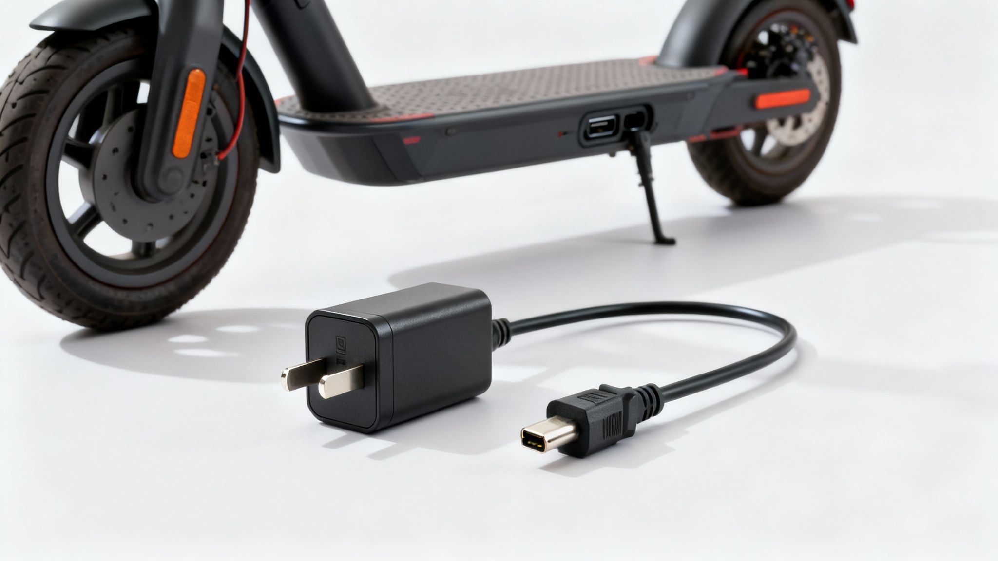 קורקינט חשמלי שחור מונח על רקע לבן, ומטען מתאים מונח לפניו.