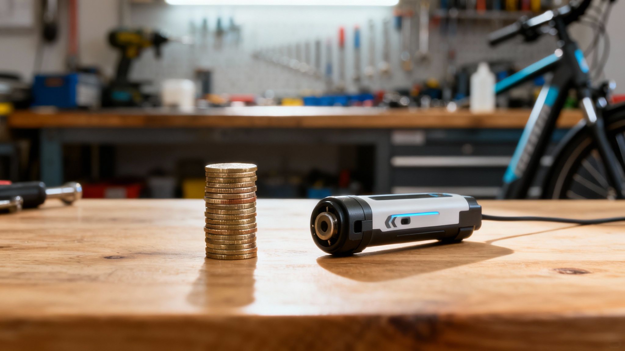 ערימת מטבעות וכלי עבודה מודרני מונחים על שולחן עץ בסדנת תיקון אופניים.