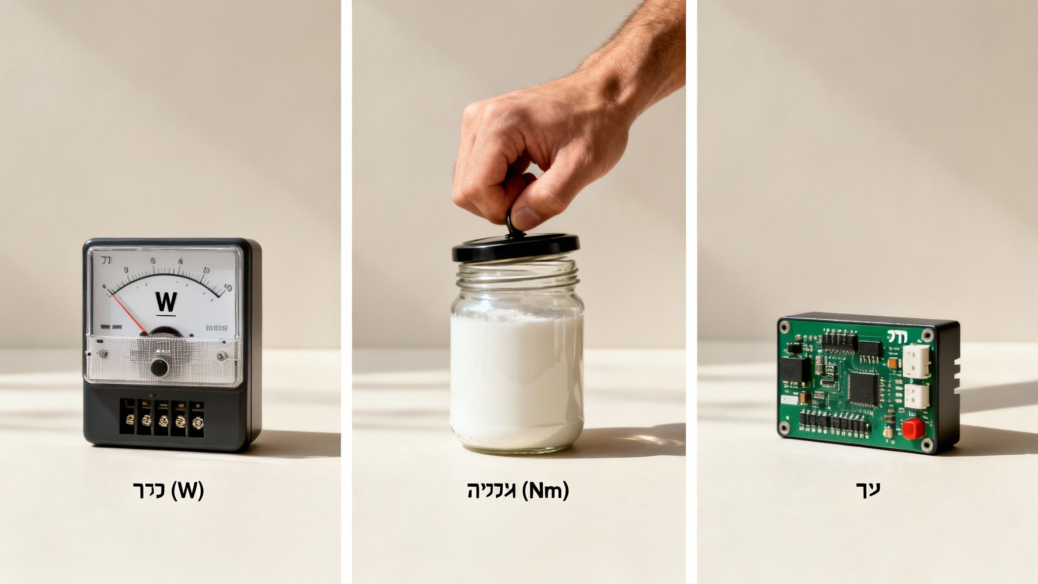 תמונה המציגה מד וואט, יד פותחת צנצנת (מומנט), ובקר אלקטרוני. מייצג כוח, מומנט ובקרה.
