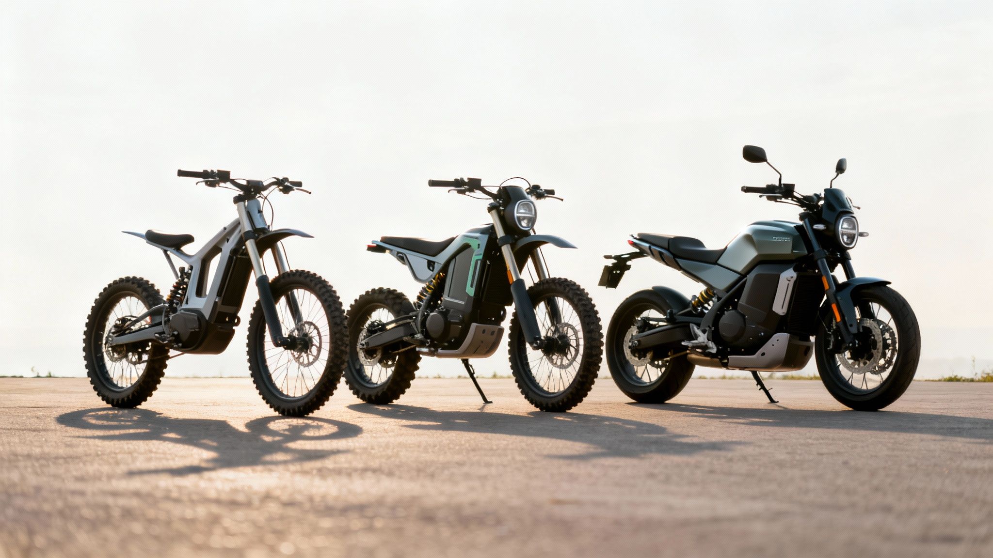 שלושה אופנועים חשמליים מסוגים שונים, כולל אופנועי שטח וכביש, חונים על אספלט באור יום.