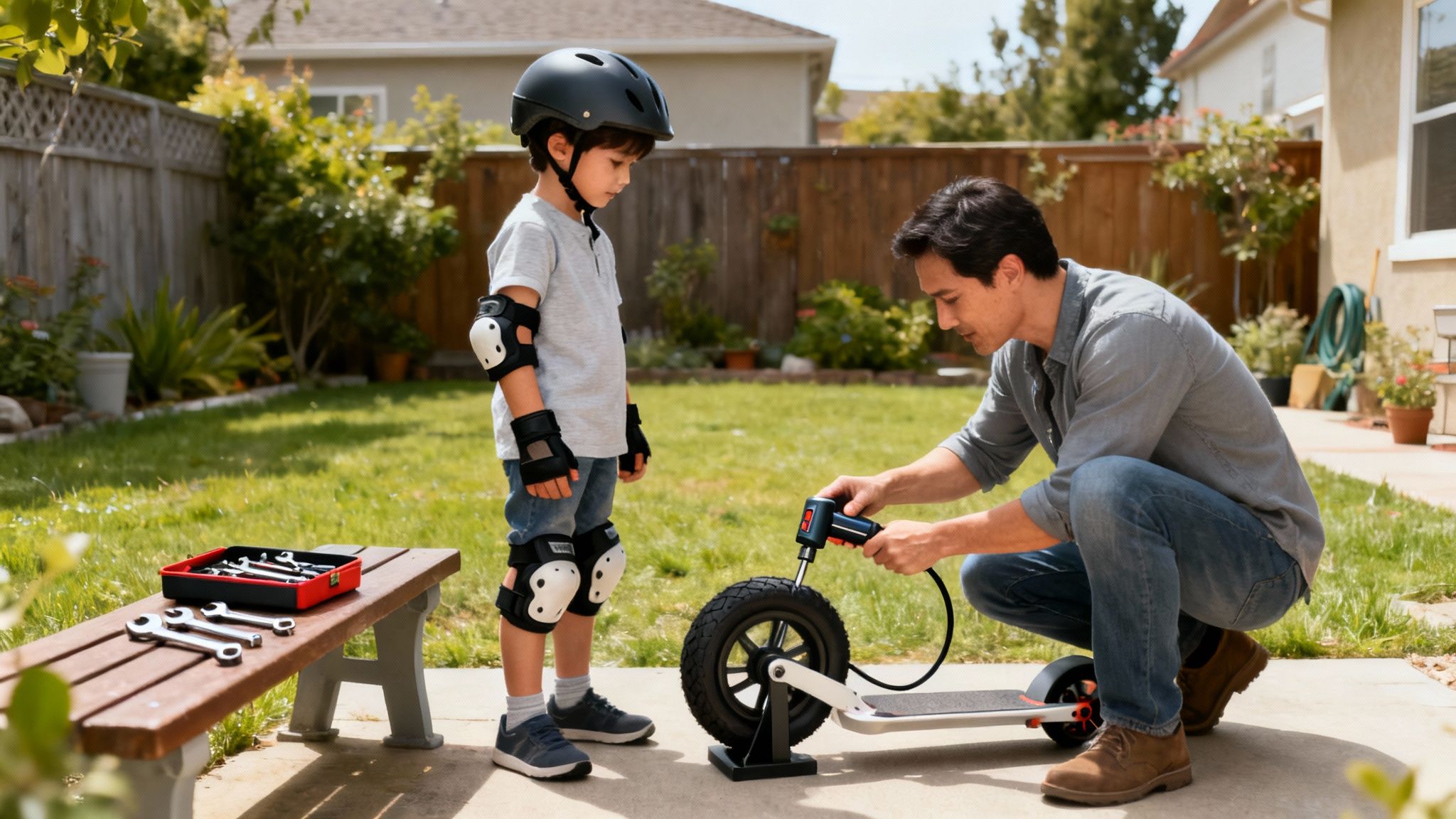 אב ובנו בחצר הבית, האב מנפח צמיג של קורקינט לבן בזמן שהילד, לבוש ציוד מגן, צופה.