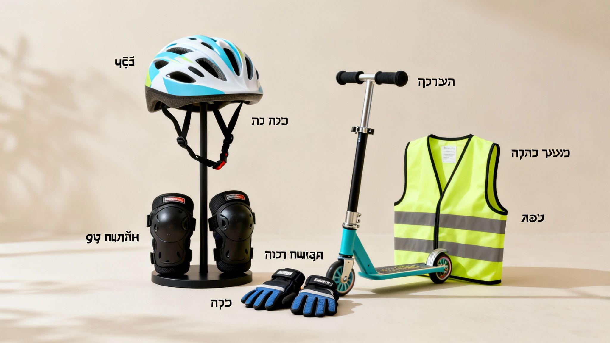תמונת ציוד בטיחות מלא לקורקינט: קסדה כחולה-לבנה, מגני ברכיים, כפפות ואפוד זוהר צהוב, לצד קורקינט.