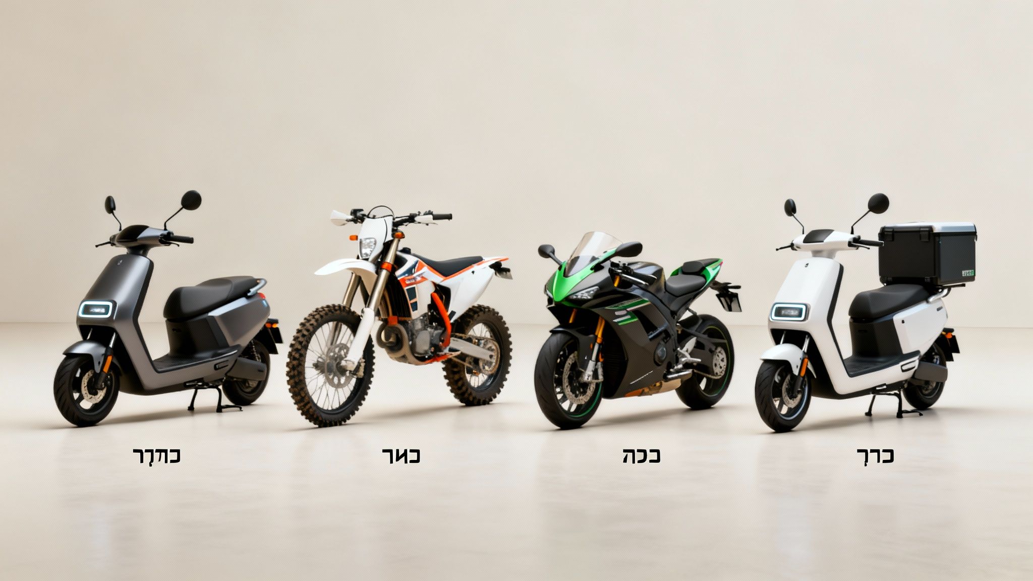תמונה המציגה ארבעה סוגים שונים של כלי רכב דו-גלגליים: קטנוע אפור, אופנוע שטח, אופנוע ספורט וקטנוע עם ארגז משלוחים.
