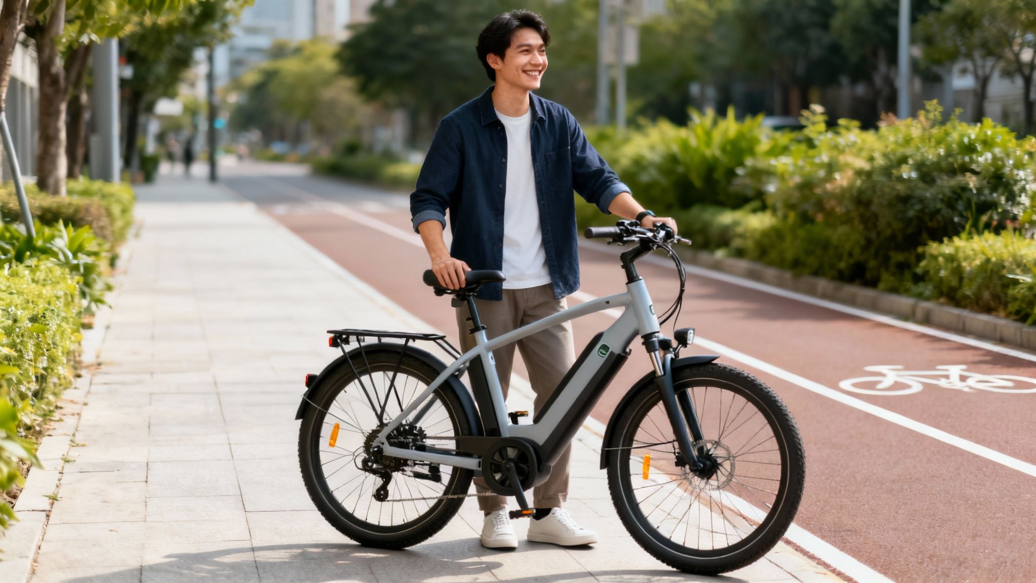גבר חייכן עומד לצד אופניים חשמליים אפורים על מדרכה שטופת שמש.