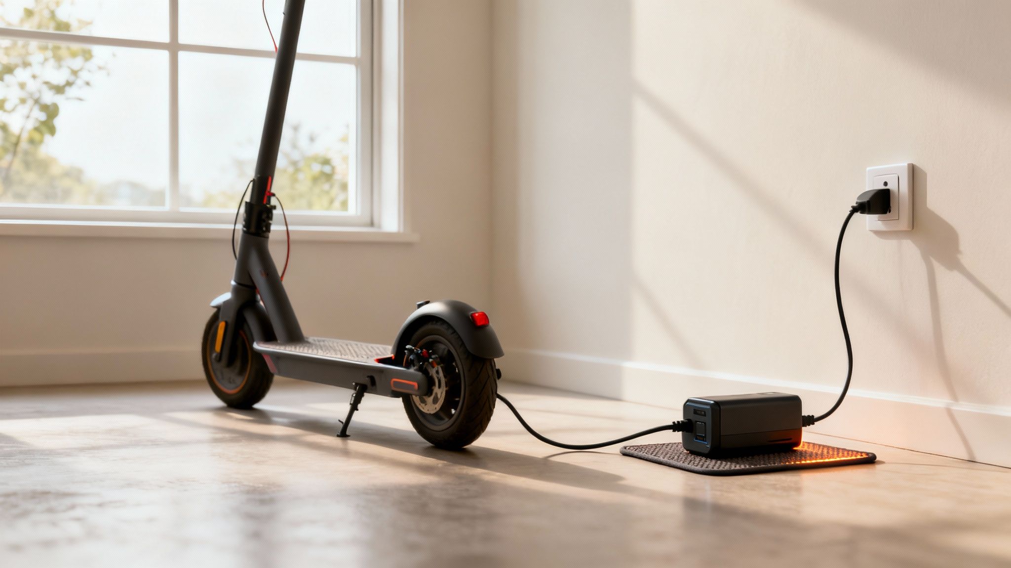 קורקינט חשמלי שיאומי אפור נטען בבית, עם מטען מואר מחובר לשקע בקיר.