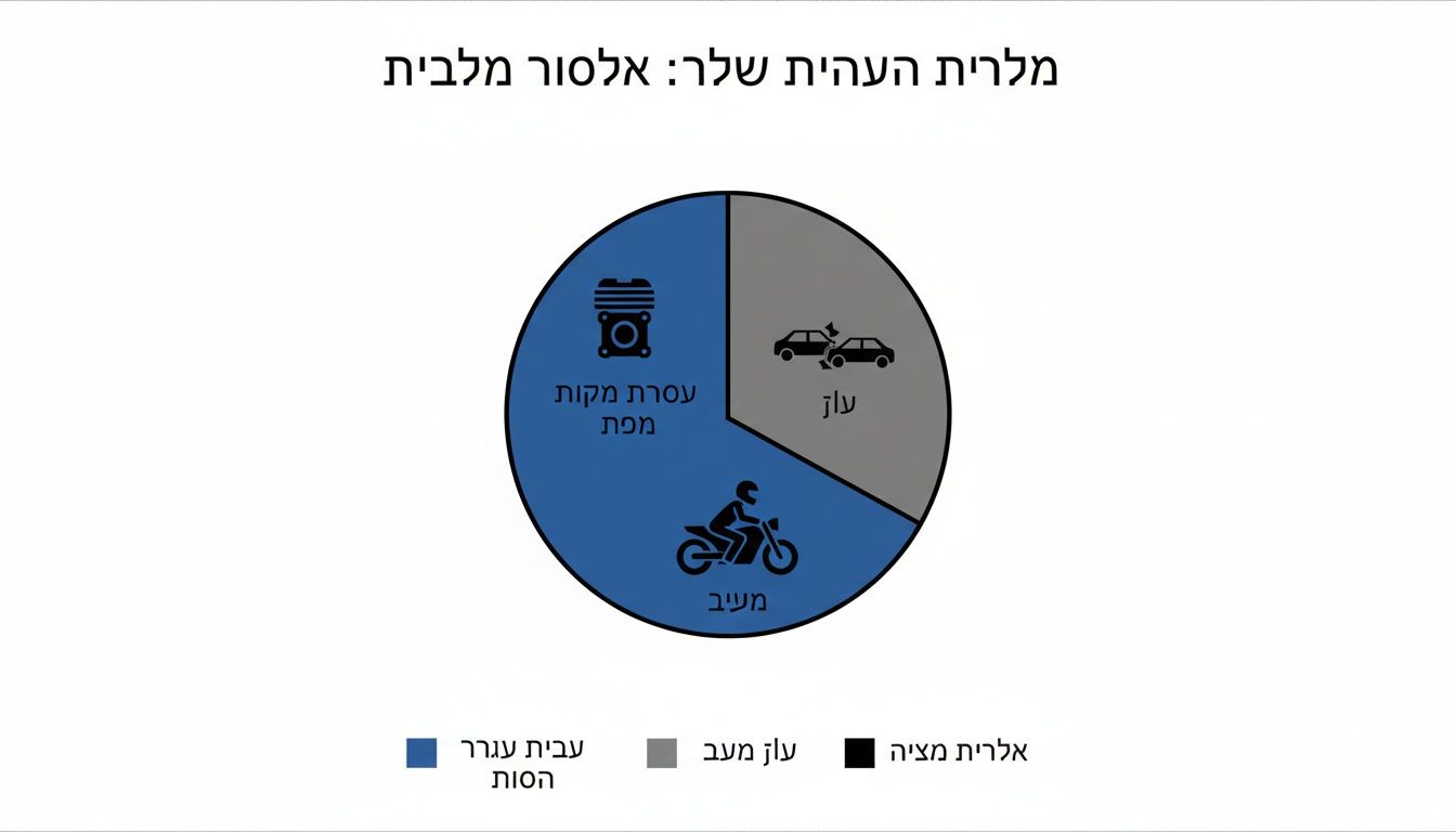 תרשים עוגה המציג התפלגות של נושאים הקשורים לכלי רכב: מנועים, תאונות ואופנועים.