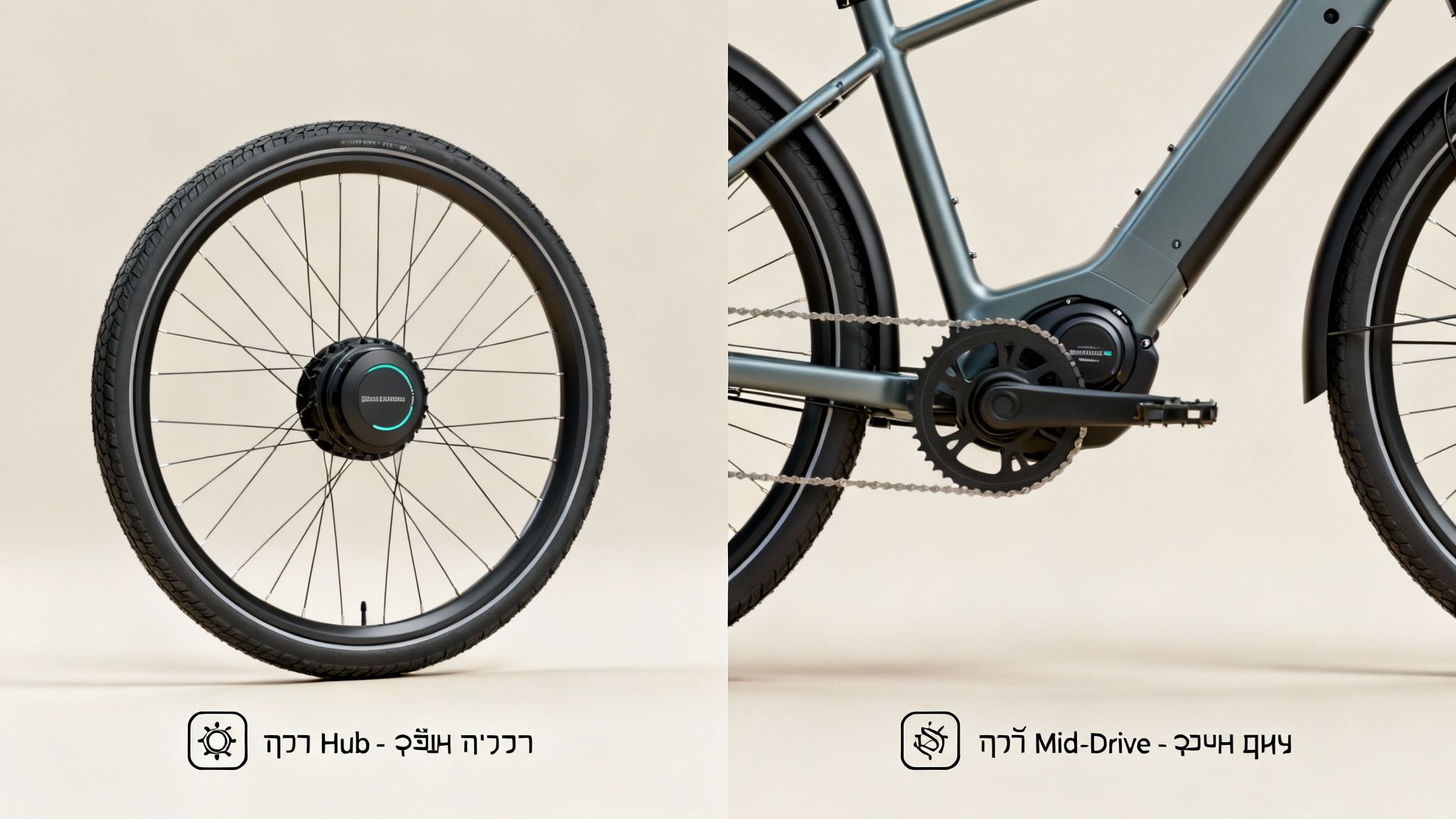 תמונה המציגה השוואה בין מנוע בגלגל (האב) לבין מנוע מרכזי (מיד-דרייב) לאופניים חשמליים.