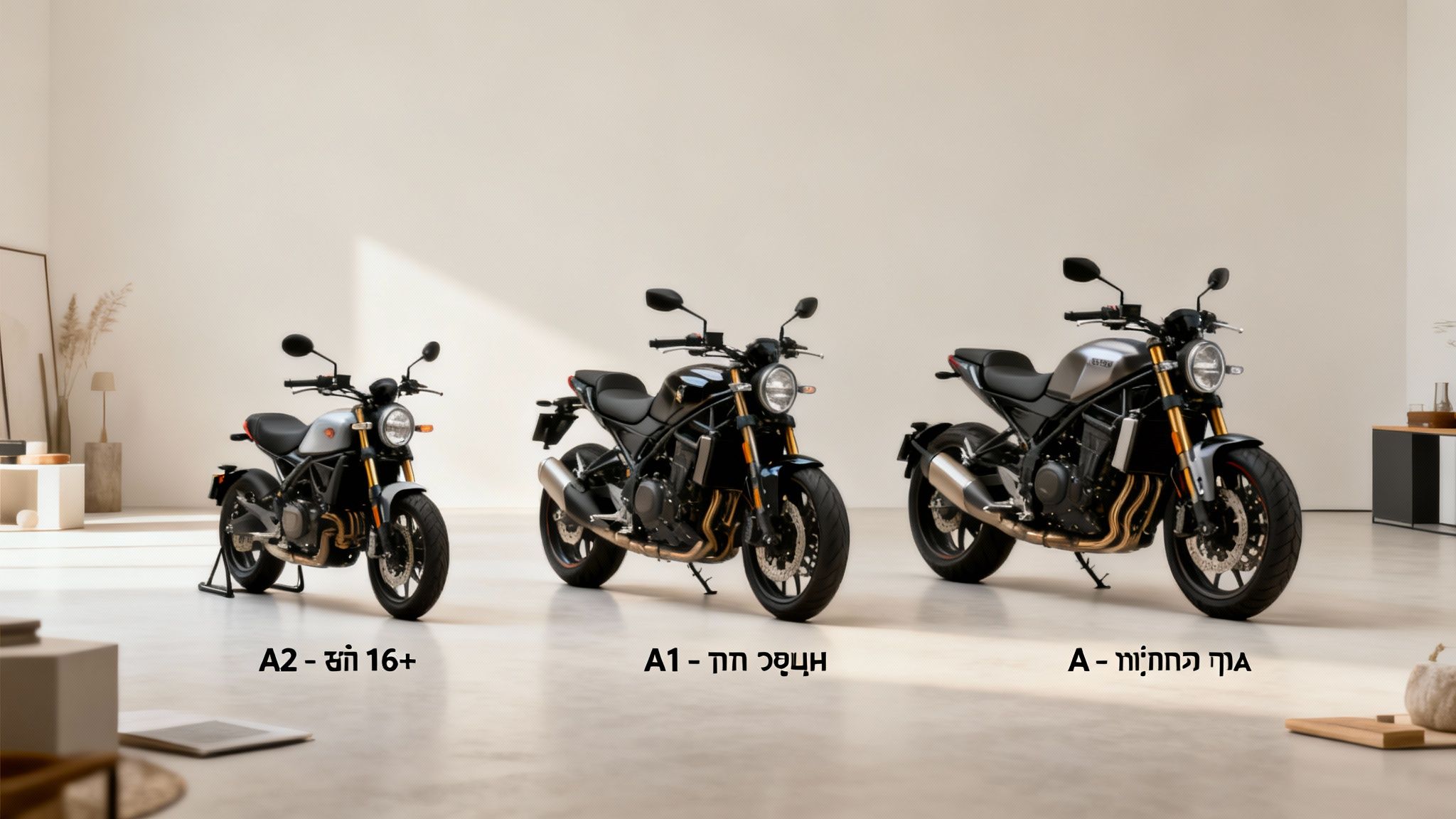 שלושה אופנועים מודרניים בגדלים שונים, משמאל לימין: A2, A1 ו-A, על רקע סטודיו בהיר.